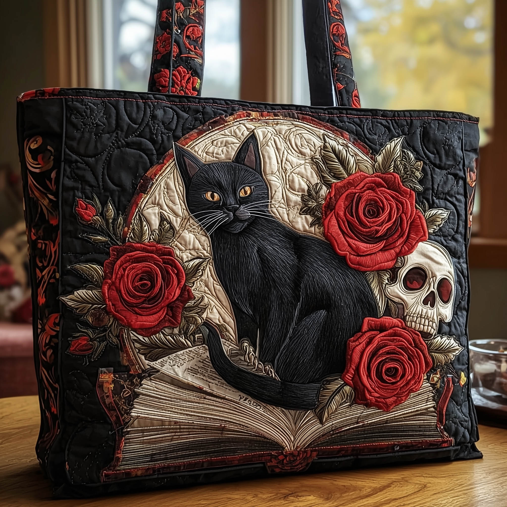 Black Cat Quilted Tote Bag Book And Cat Mystical Shoulder Bag Gifts For Sisters