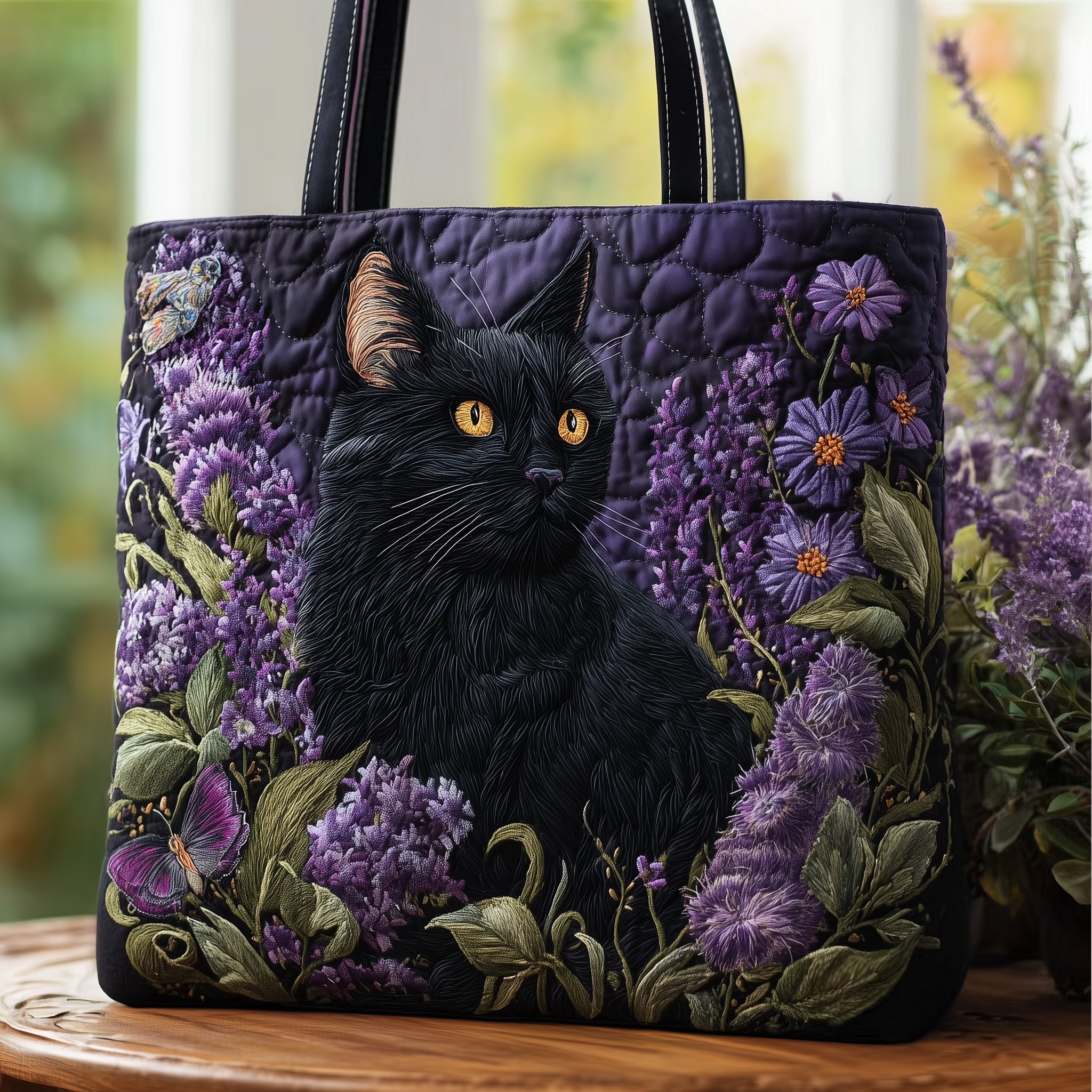 Black Cat Quilted Tote Bag Lavender Garden Handbags For Women Great Cat Lover Gifts