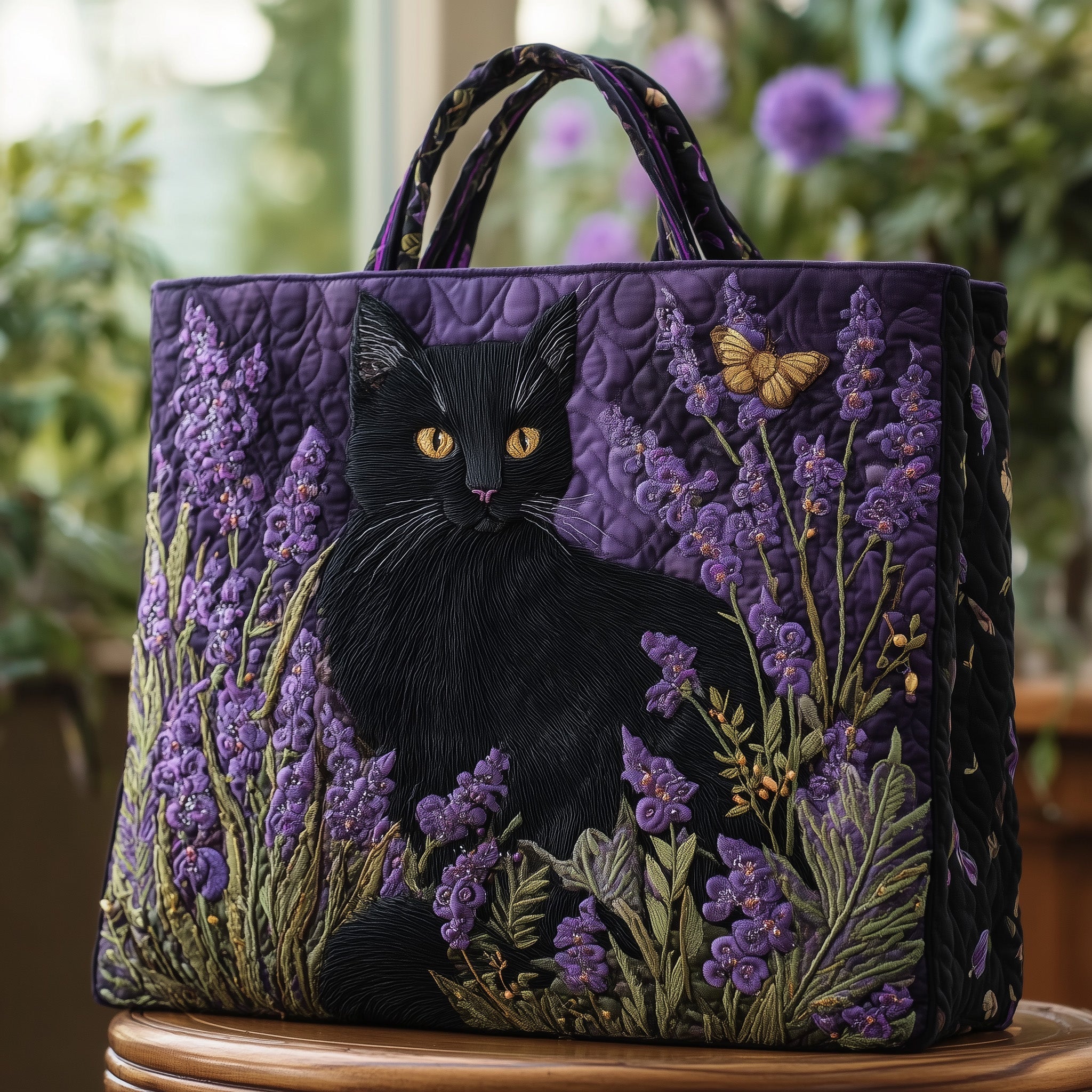 Black Cat Quilted Tote Bag Lavender Garden Shoulder Bags For Women Cat Themed Items