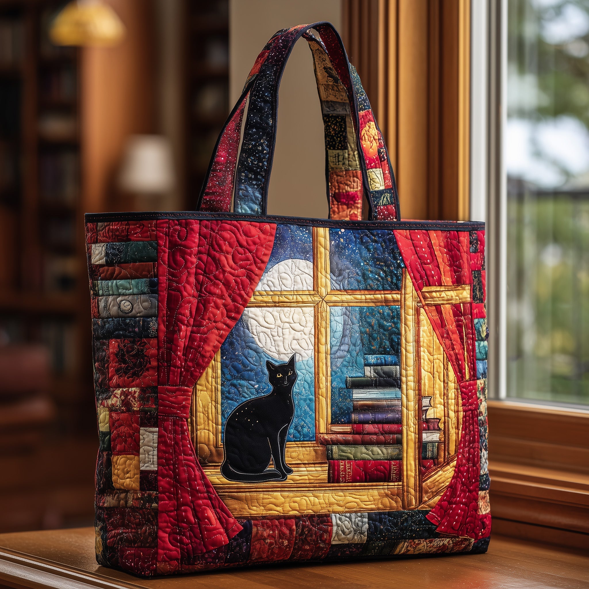 Black Cat Quilted Tote Bag Moonlit Window Scene Handbag For Women Gifts For Cat Lovers