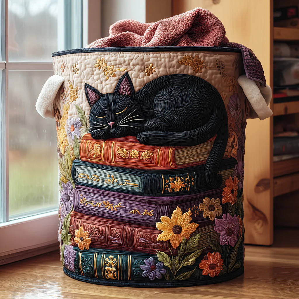 Black Cat Sleeping On Book Bookish Laundry Basket Fabric Clothes Hamper Cat Gifts For Her