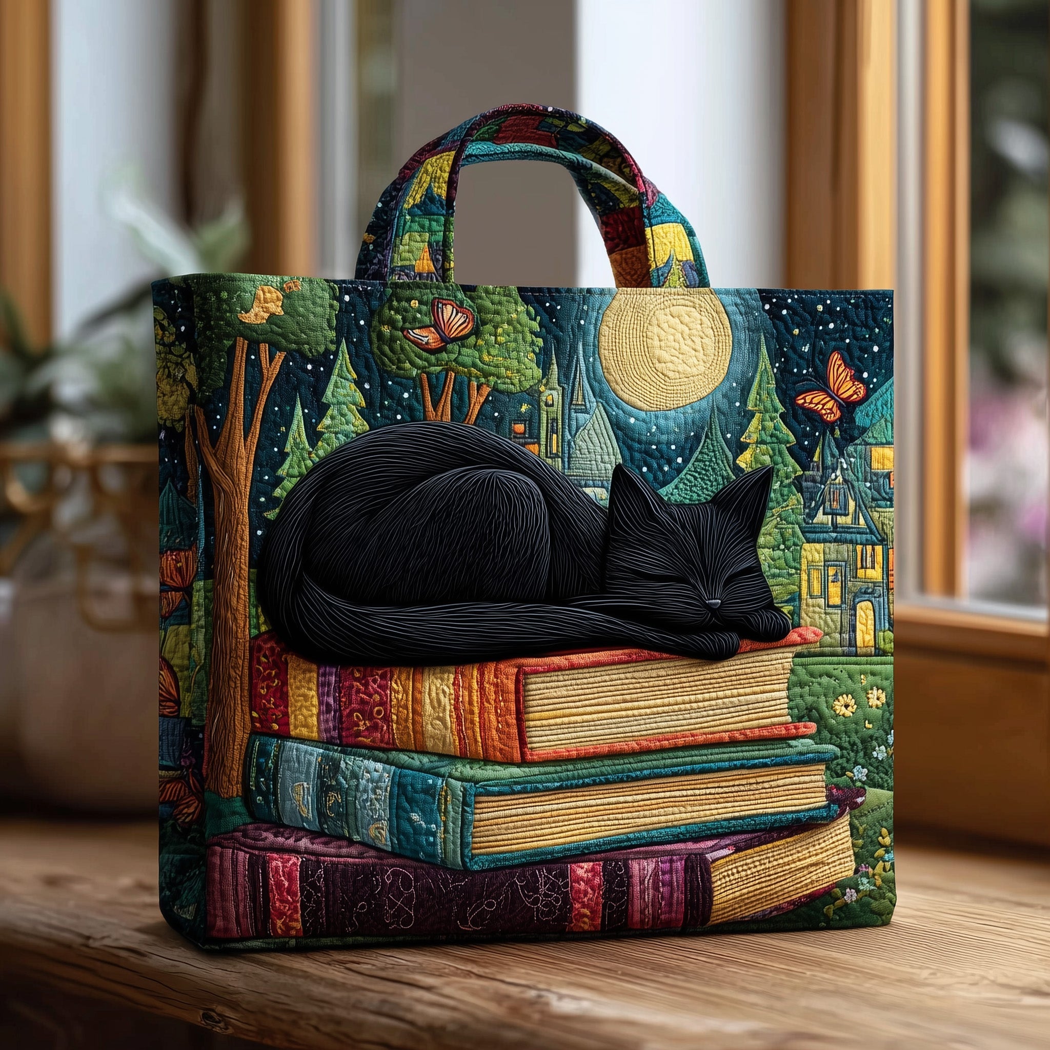 Black Cat Sleeping On Books Quilted Tote Bag Best  Shoulder Bag Cat Lovers Gifts For Bookworm