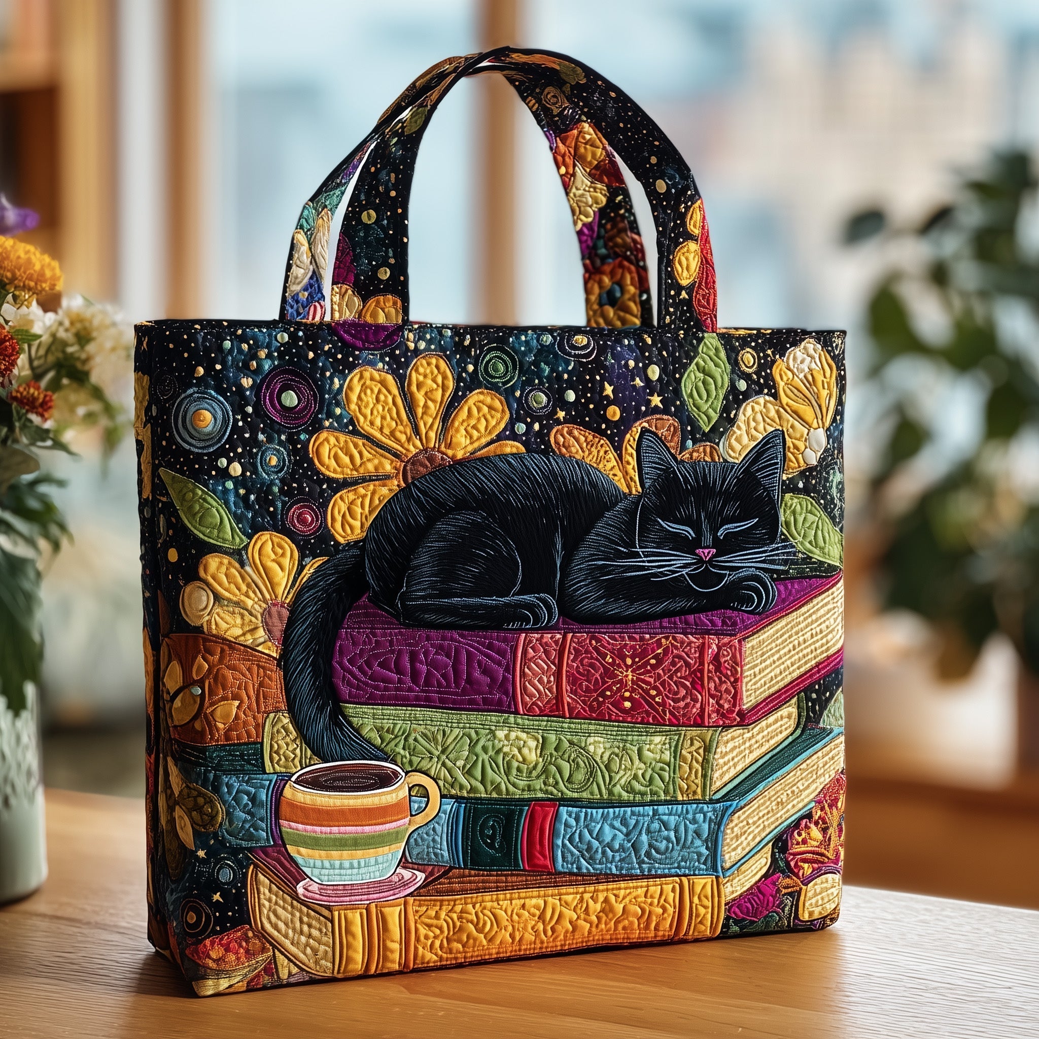 Black Cat Sleeping On Stack Book Quilted Tote Bag Good Shoulder Bags For Women Gifts Ideas