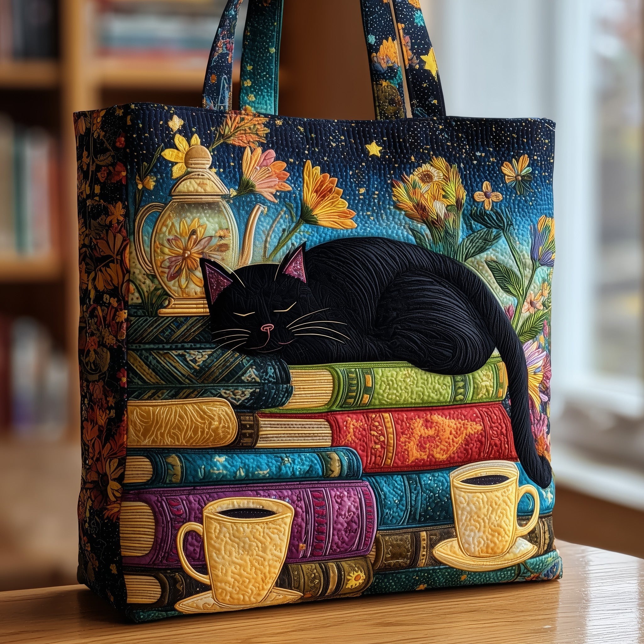 Black Cat Sleeping On Stack Book Quilted Tote Bag Perfect Shoulder Bag For Cat Mom