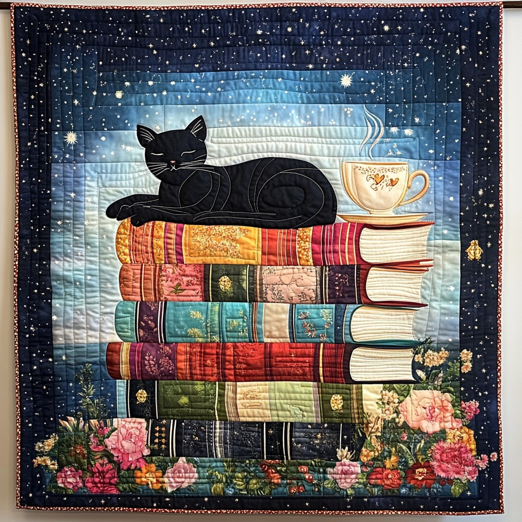 Black Cat Tranquility Quilted Blanket Feline Book Lover Throw Blanket Gifts For Cat Mom