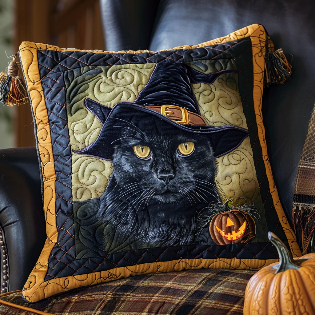 Black Cat Witch Quilted Pillow Case Spooky Decorative Cushion Gift for Witch Lovers
