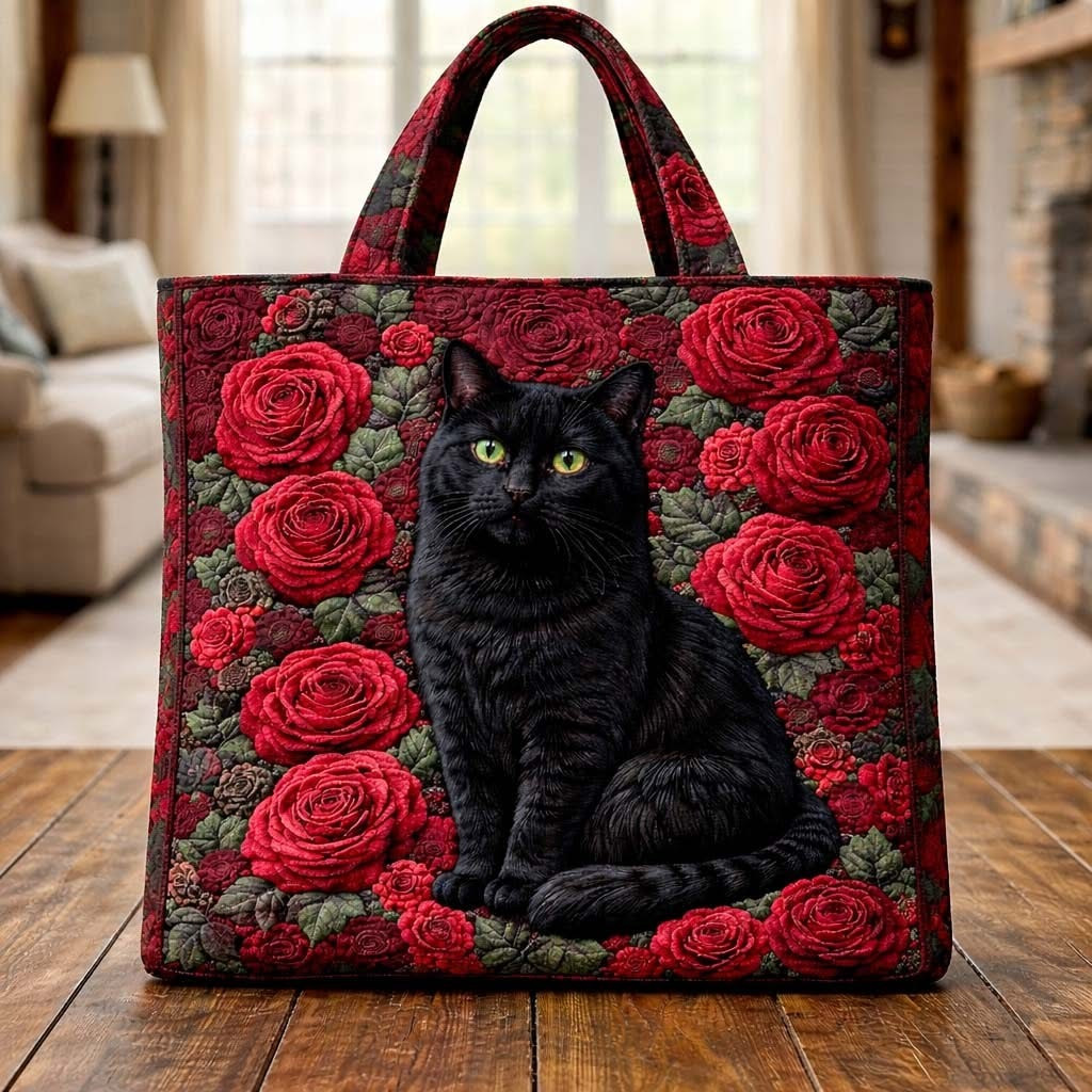 Black Cat With Red Rose Quilted Tote Bag Shoulder Bag For Women Gifts For Cat Lovers