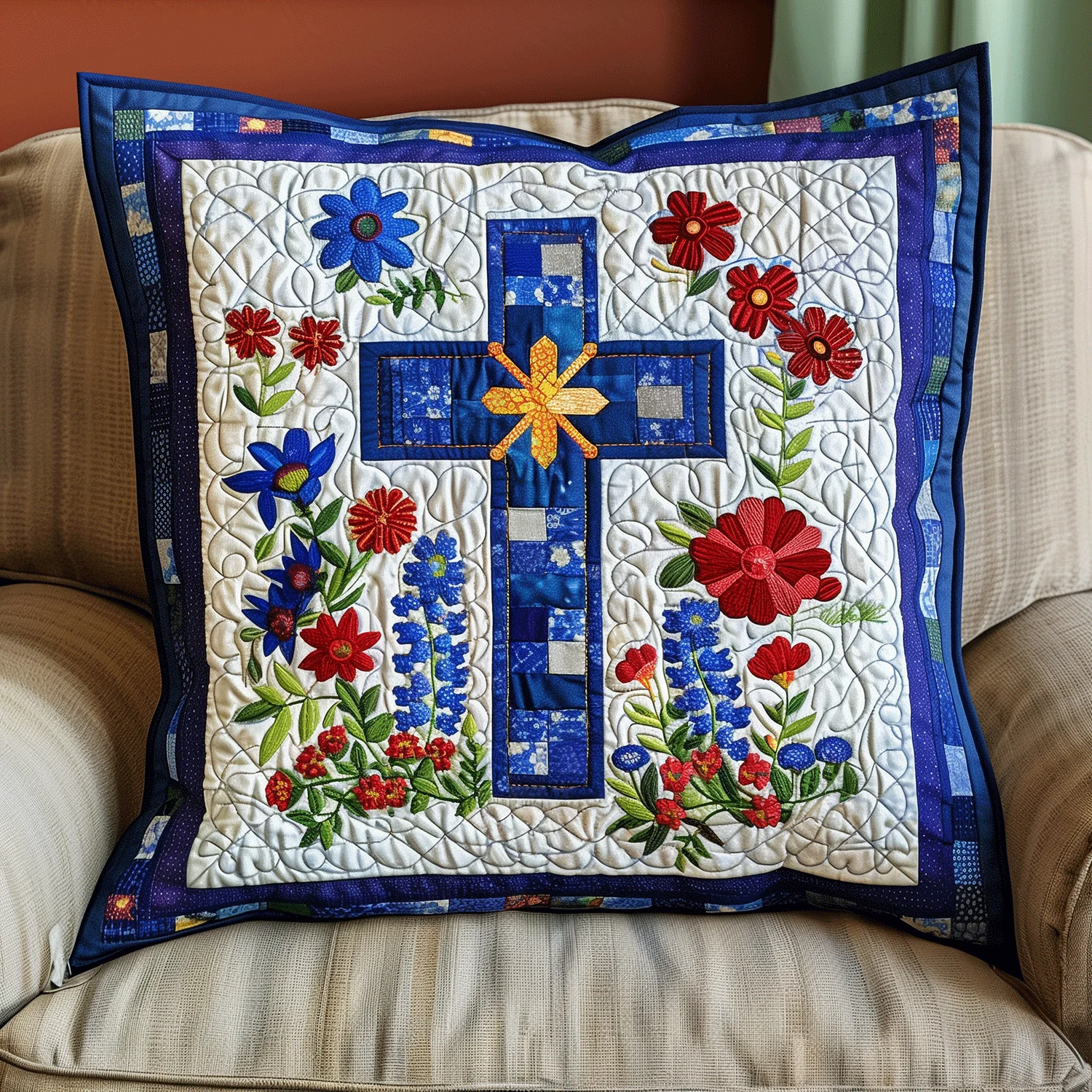 Blessed Flora Quilted Pillow Case Christian Cross Throw Pillow, Gift for Women of Faith