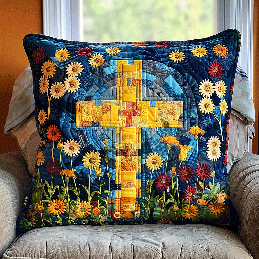 Blessed Garden Quilted Pillow Case Cross Decorative Housewarming Gift for Christians