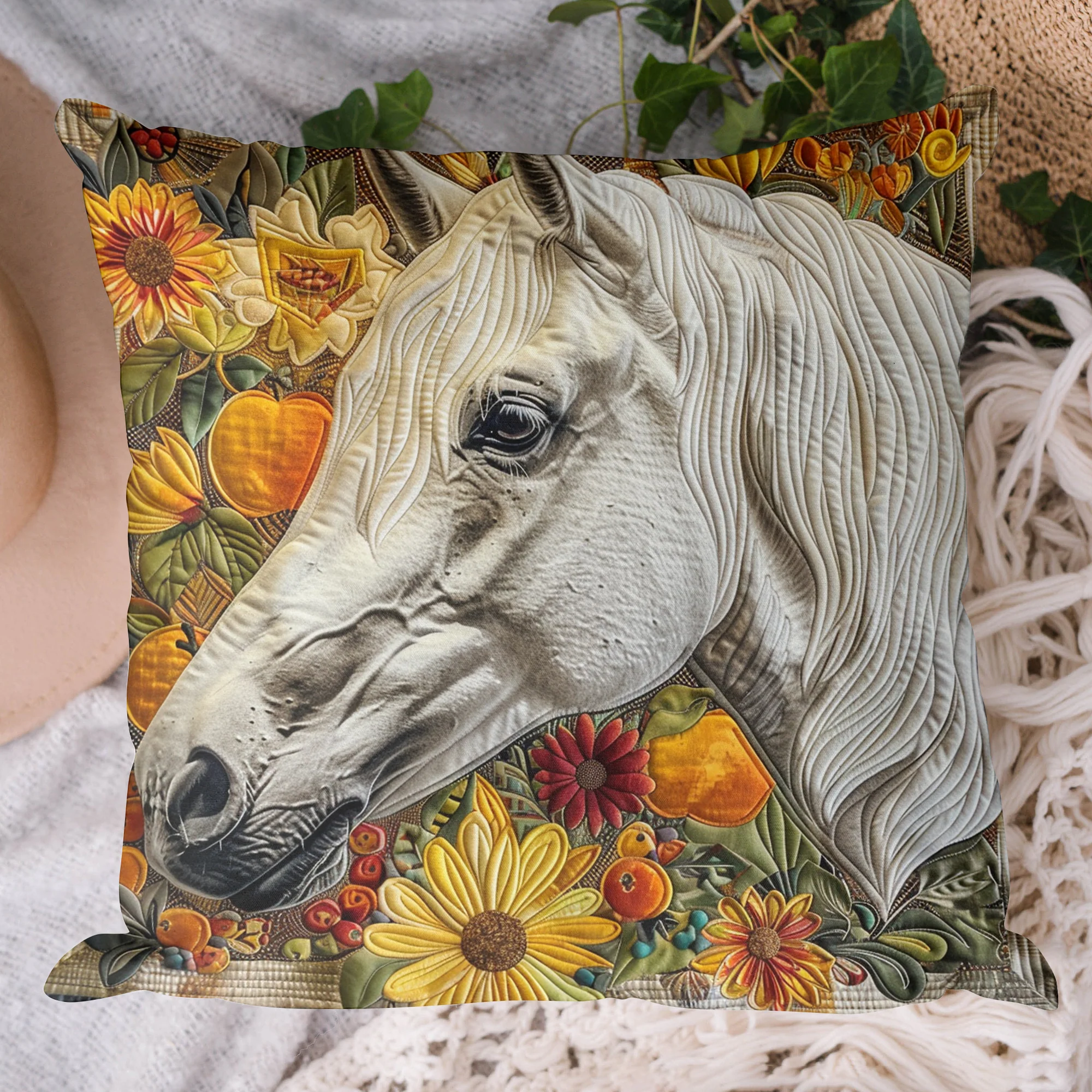 Blissful Horse Floral Quilted Pillow Case Horse Throw Pillow Cover Gifts For Horse Lovers