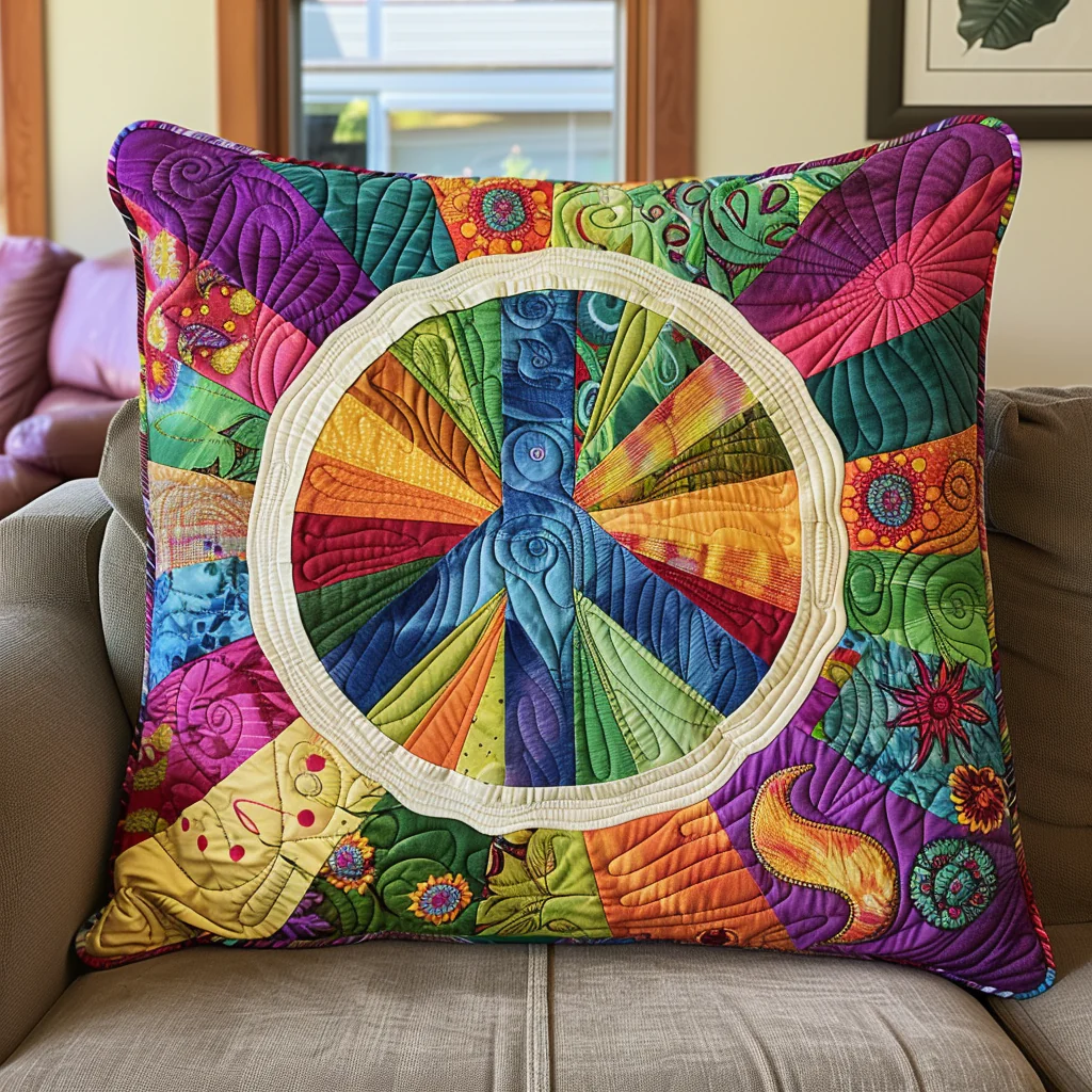 Blissful Sunshine Quilted Pillow Case Peace Sign Throw Pillow Cover Gift for Hippie Lovers