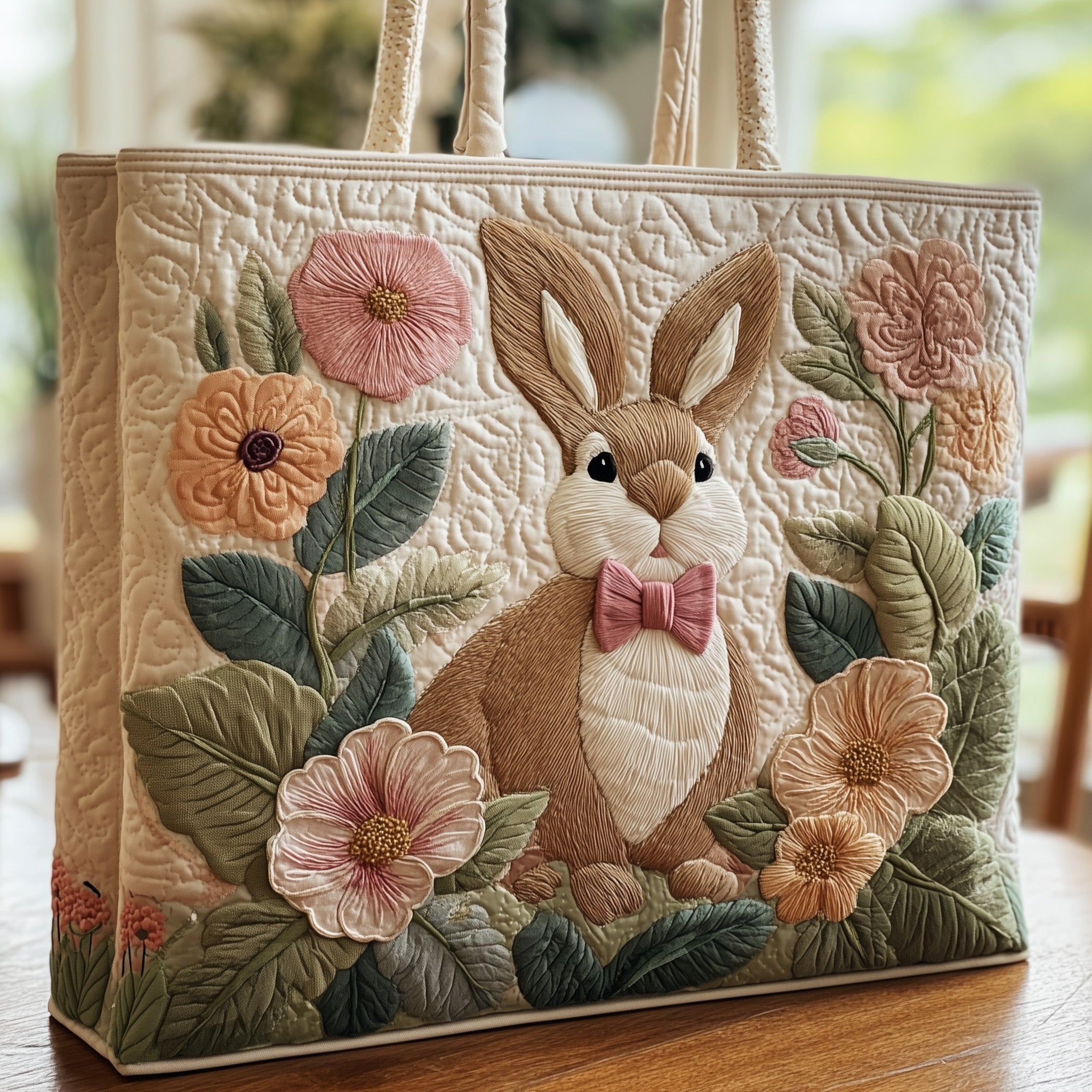 Blooming Bunny Quilted Tote Bag Cute Floral Handbag Birthday Gifts For Daughters