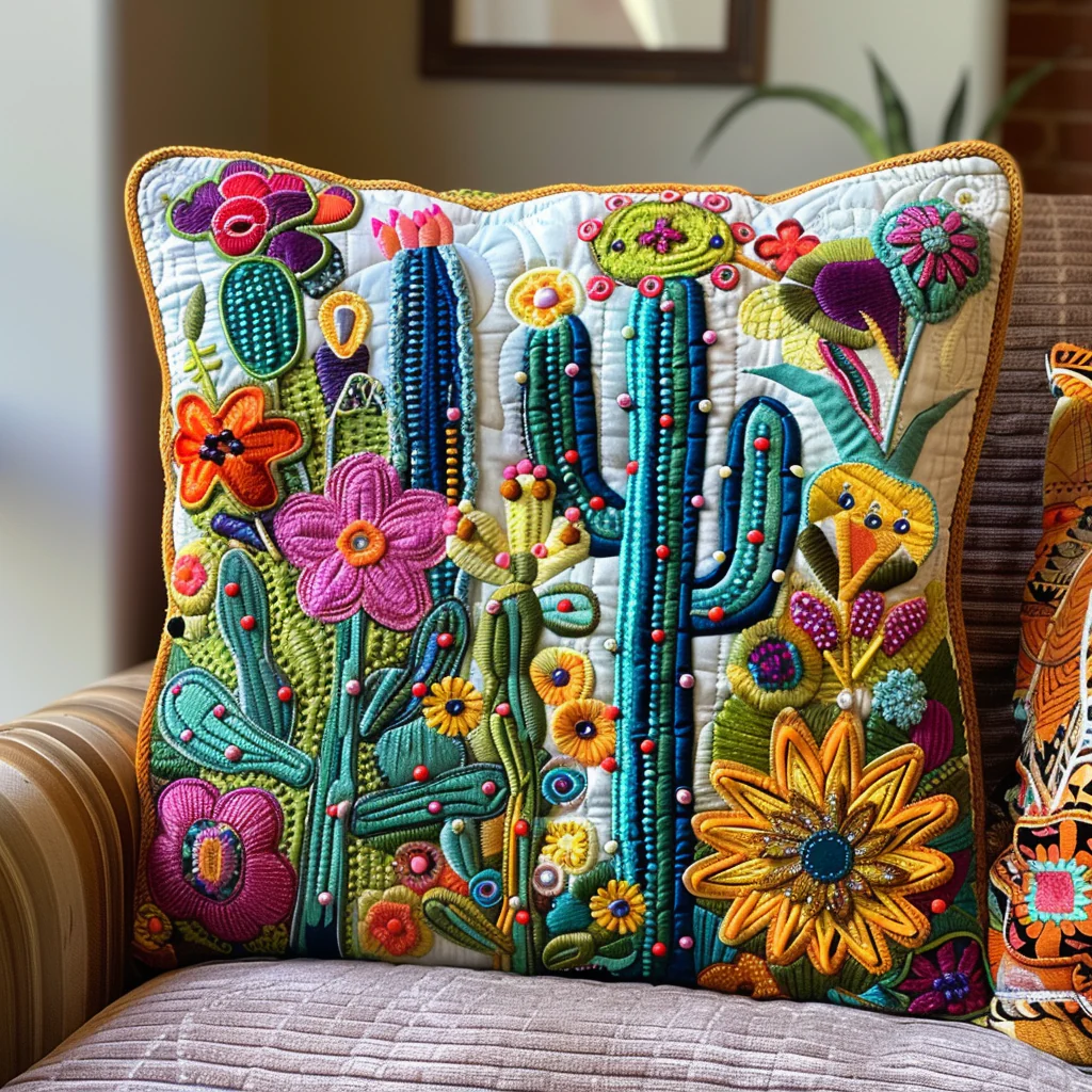 Blooming Cacti Quilted Pillow Case Lovely Decorative Home Cover Housewarming Gift