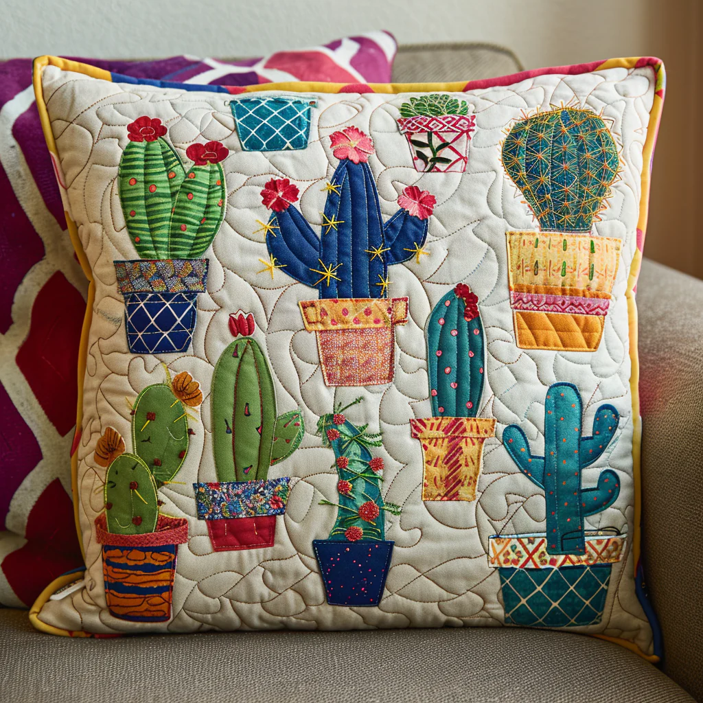 Blooming Cacti Quilted Pillow Case Soft Decorative Home Pillow Best Gifts For Cactus Lovers