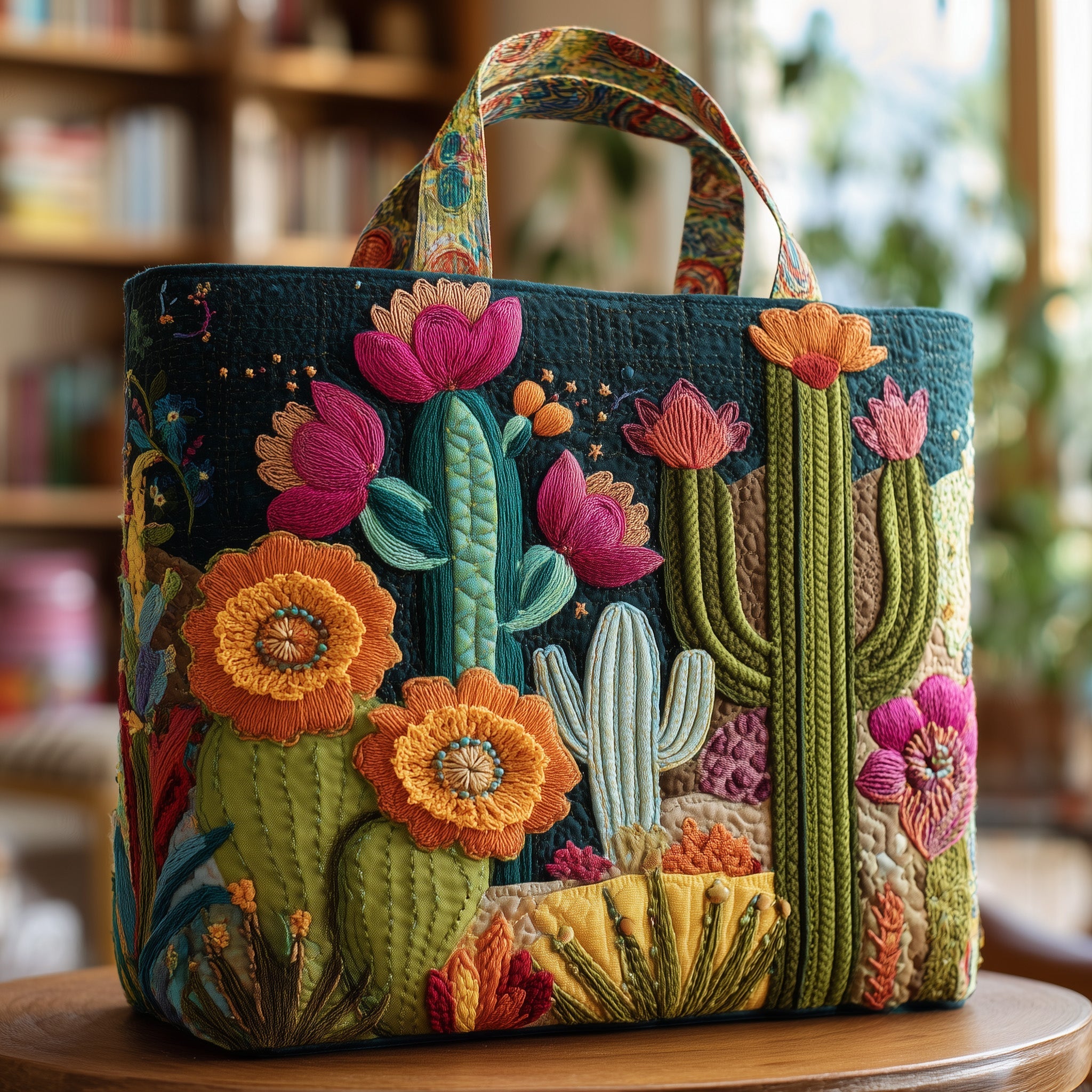 Blooming Cactus Quilted Tote Bag Vibrant Floral Handbag For Women Gifts For Wife