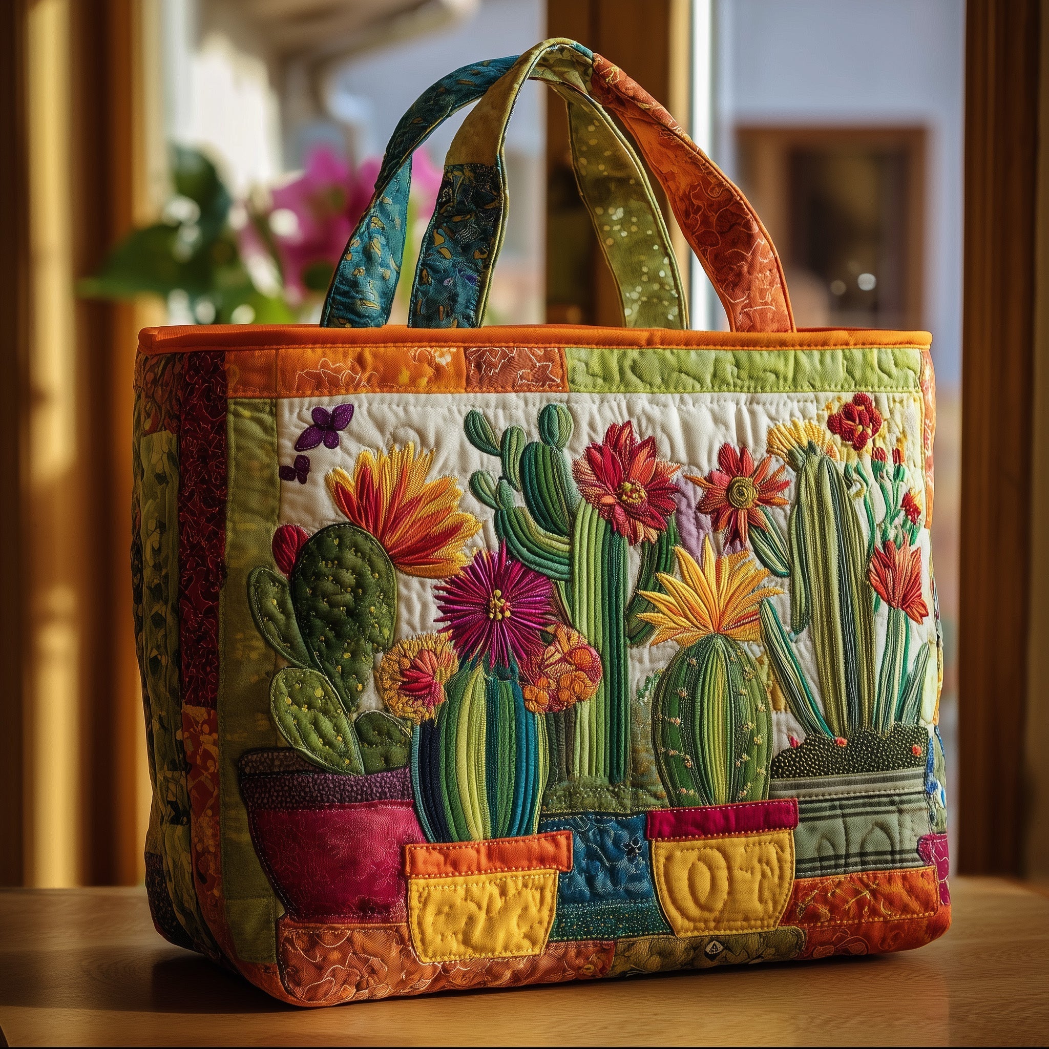 Blooming Cactus Quilted Tote Bag Vibrant Shoulder Bags For Women Birthday Gifts Idea