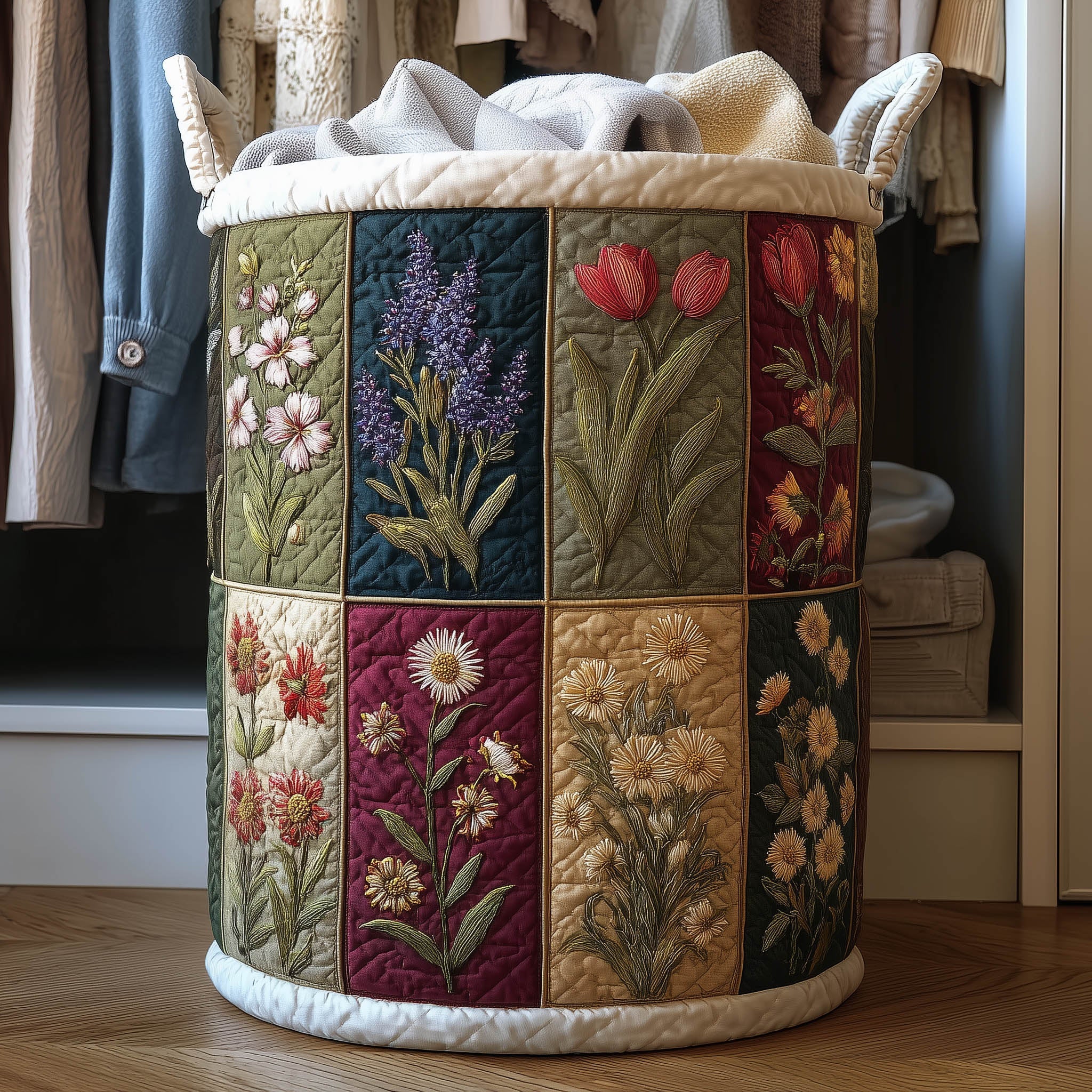 Blooming Charm Quilted Laundry Basket Botanical Floral Laundry Hamper Gifts For Mom