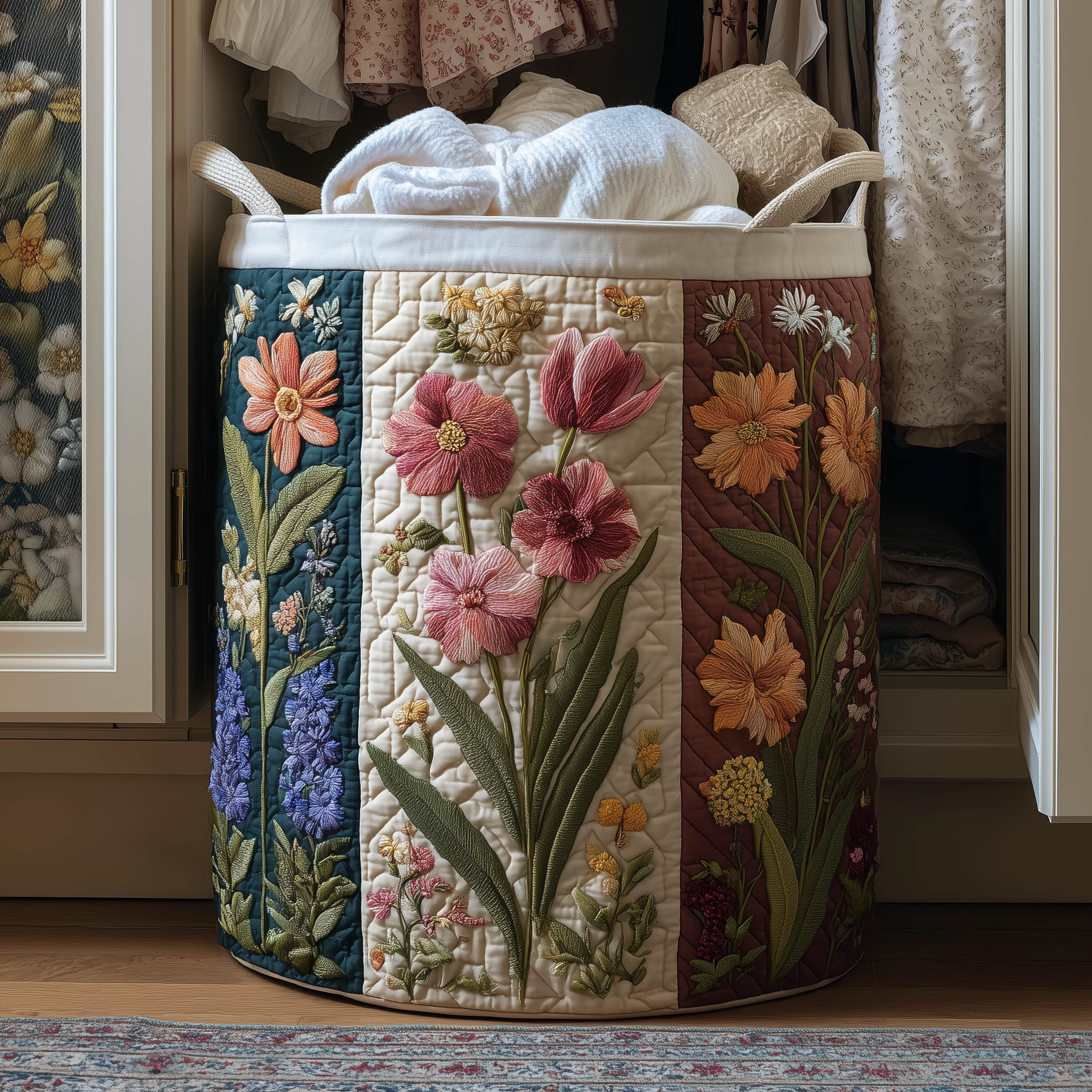Blooming Charm Quilted Laundry Basket Floral Clothes Hamper Best Gifts For Her