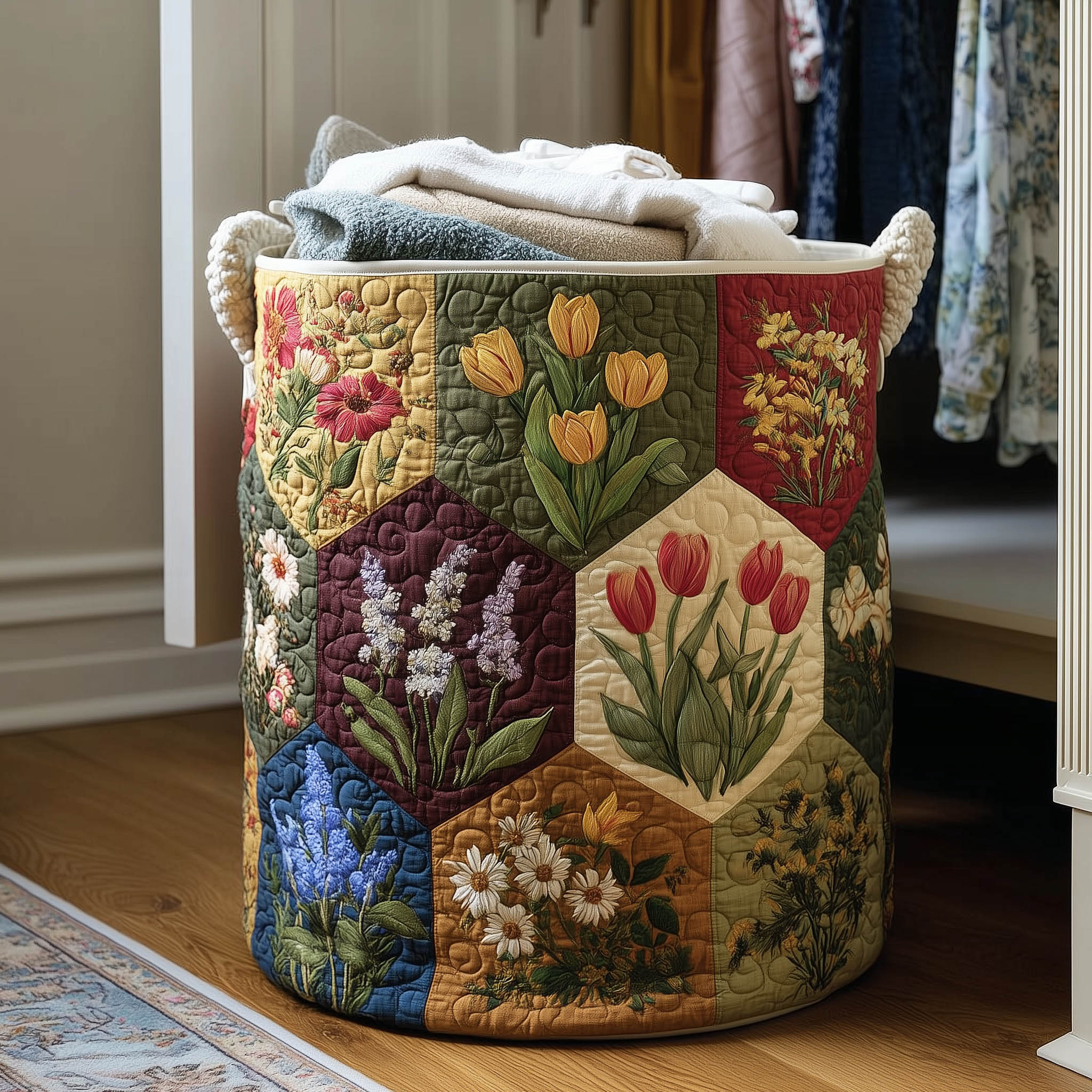 Blooming Charm Quilted Laundry Basket Patchwork Floral Hamper Basket Home Decor Gifts