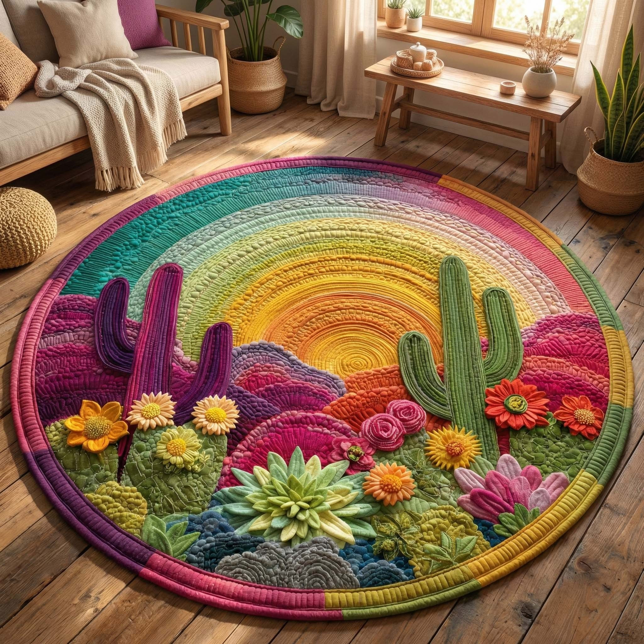 Blooming Desert Quilted Round Mat Colorful Round Rugs Home Decor Gifts For Mom