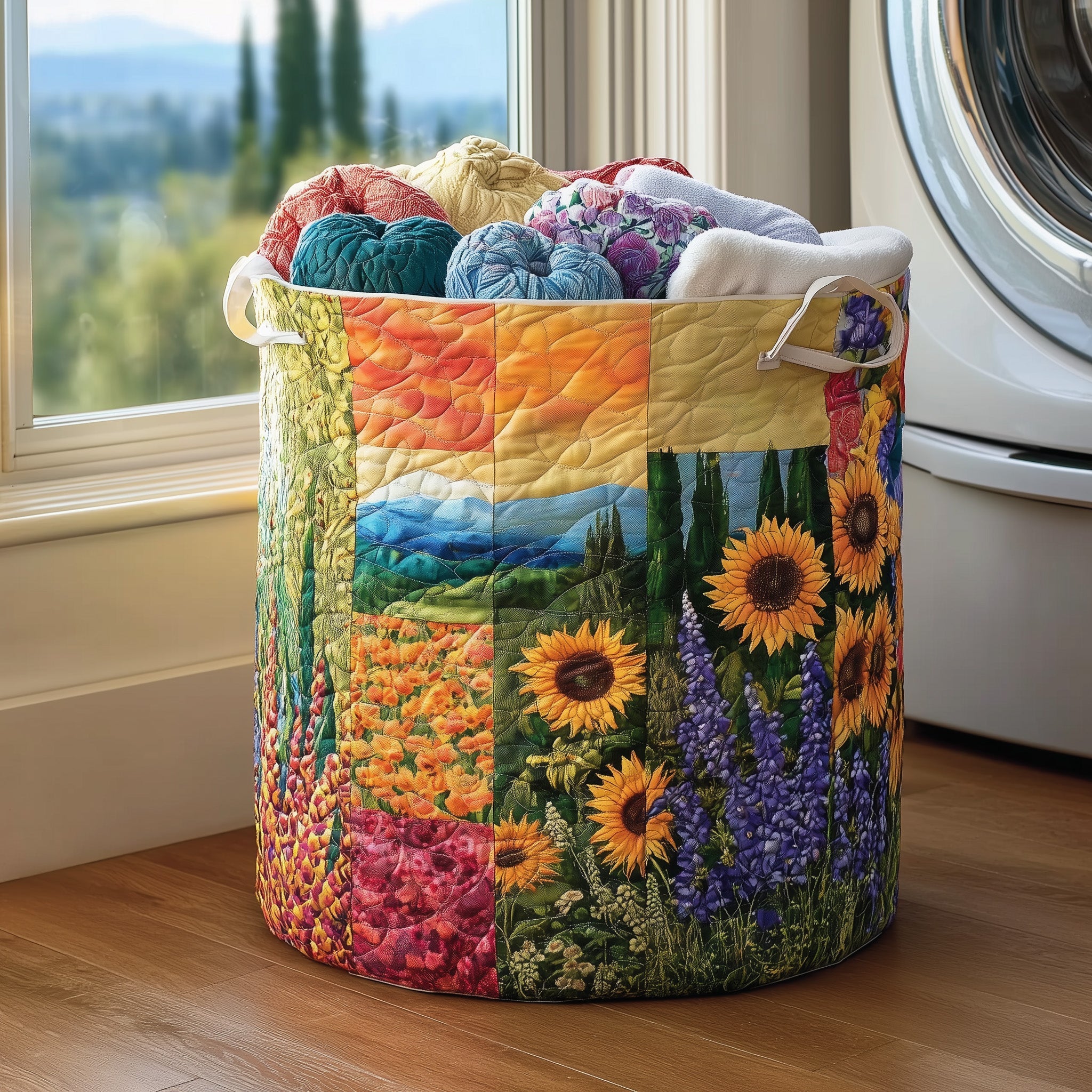 Blooming Heritage Quilted Laundry Basket Sunflower Sunset Clothes Hamper Gifts For Nature Lover