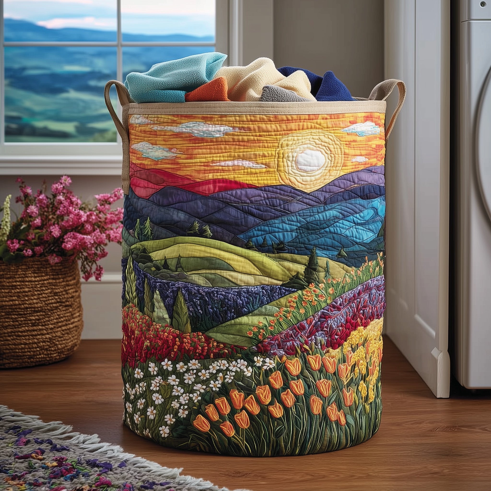 Blooming Hill Quilted Laundry Basket Flower Garden Clothes Hamper Gifts For Wife