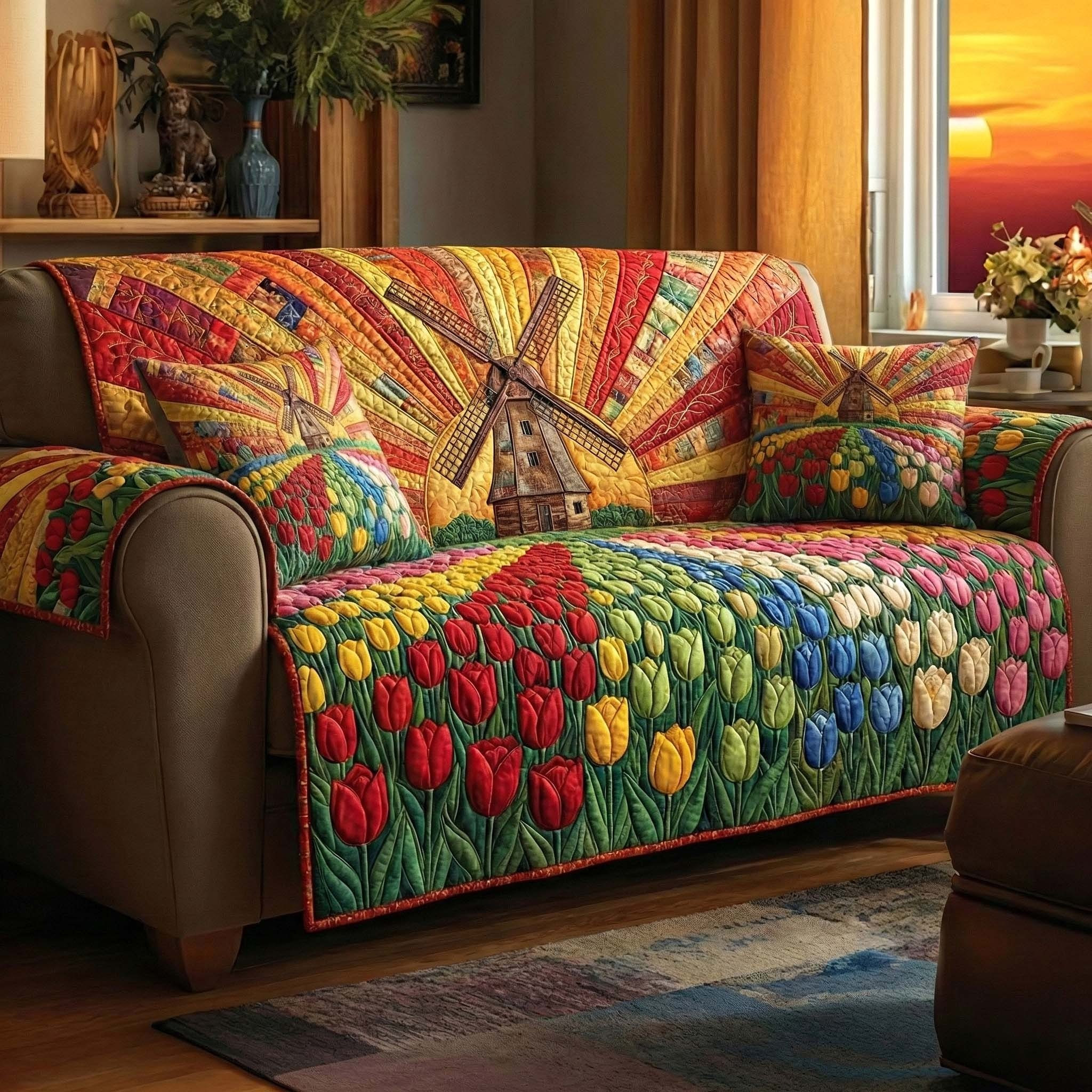 Blooming Meadow Quilted Sofa Cover Tulip Garden Sofa Couch Cover Gifts For Nature Lovers