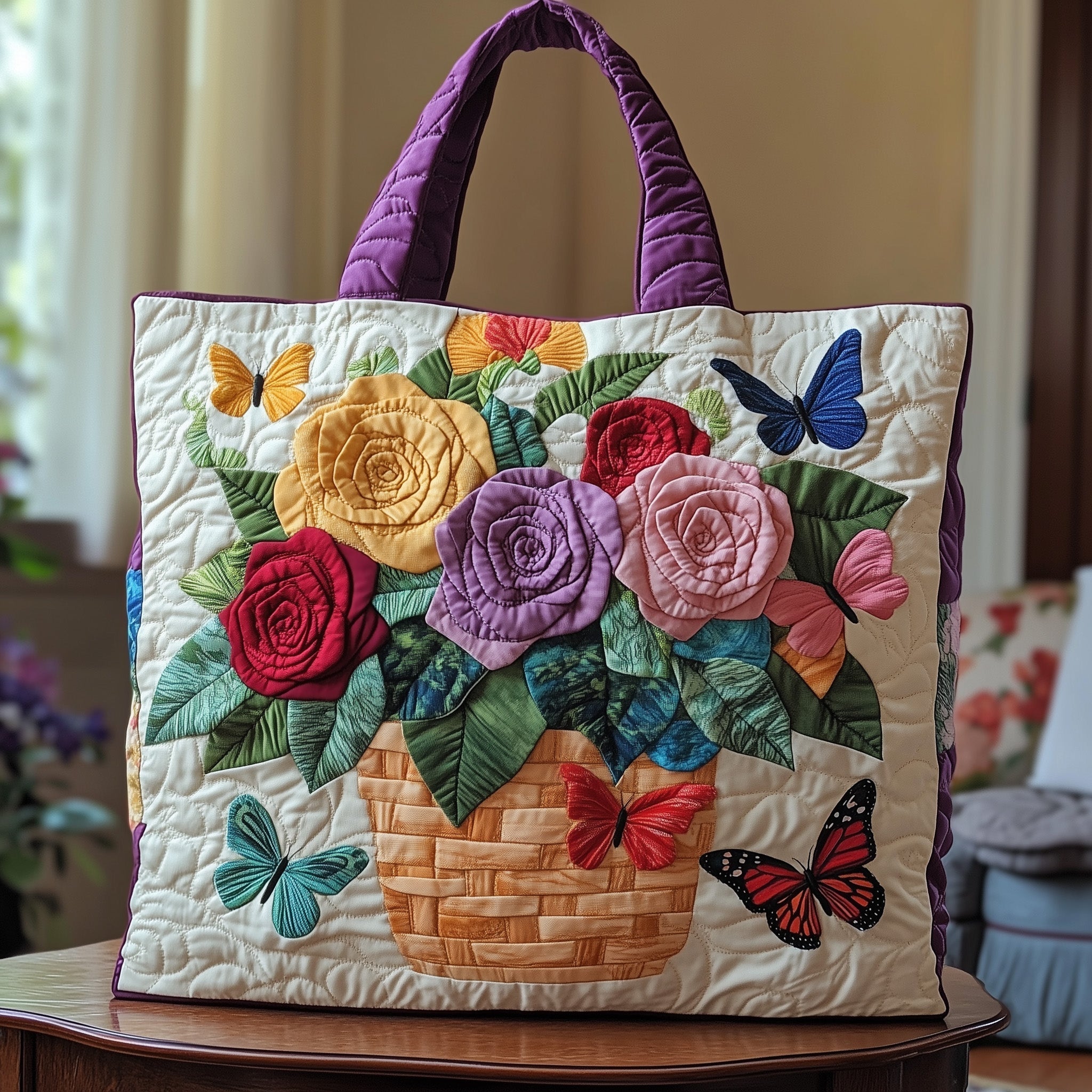 Blooming Rose Quilted Tote Bag Butterfly Shoulder Bag Birthday Ideas For Her
