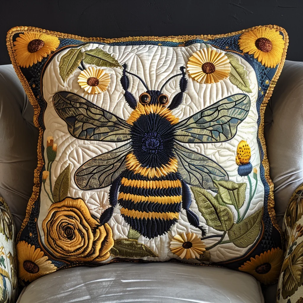 Blossom Buzz Quilted Pillow Case Daily Decorative Home Bee Themed Gifts For Her