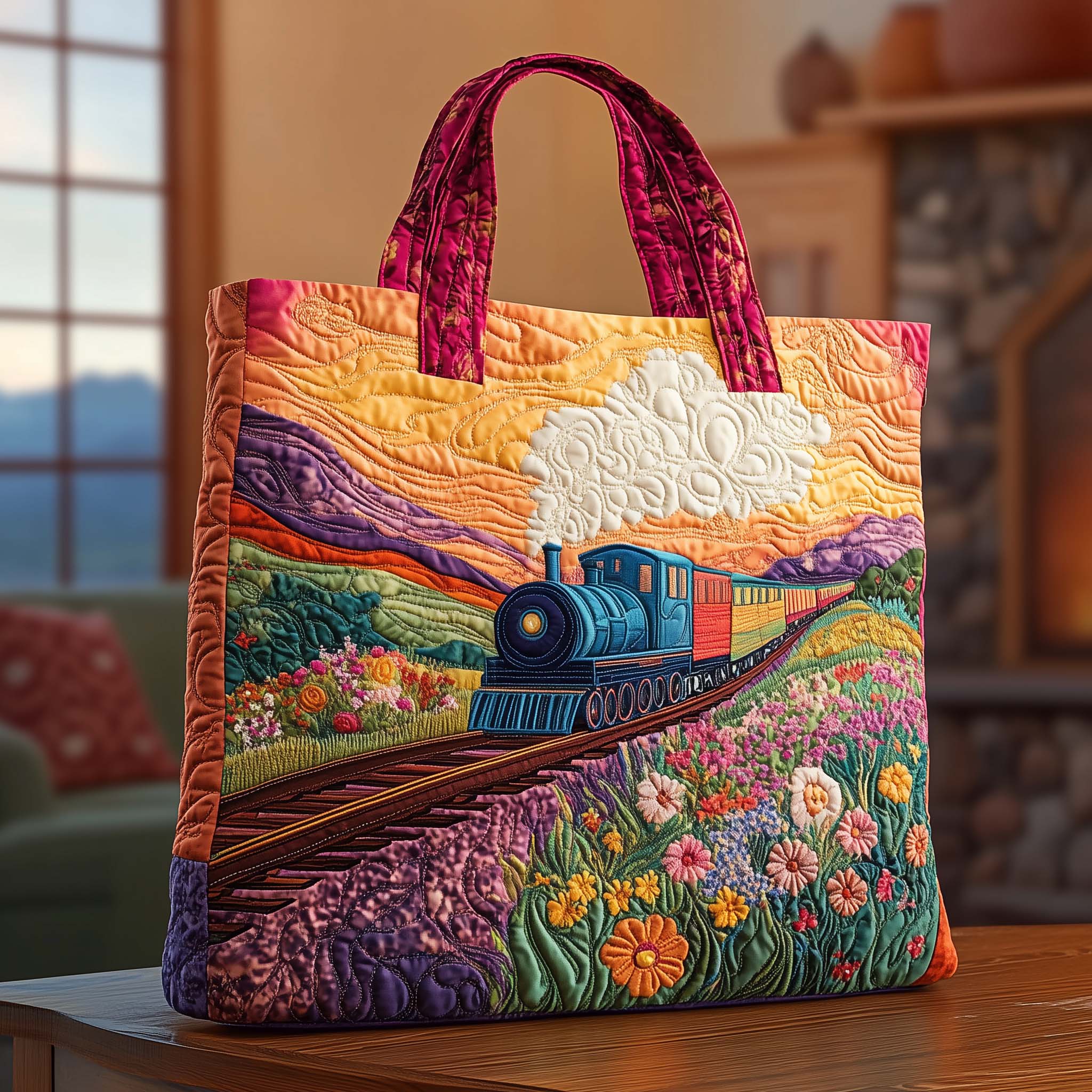 Blossom Run Quilted Tote Bag Colorful Flower Field Shoulder Bag Gifts Ideas For Besties