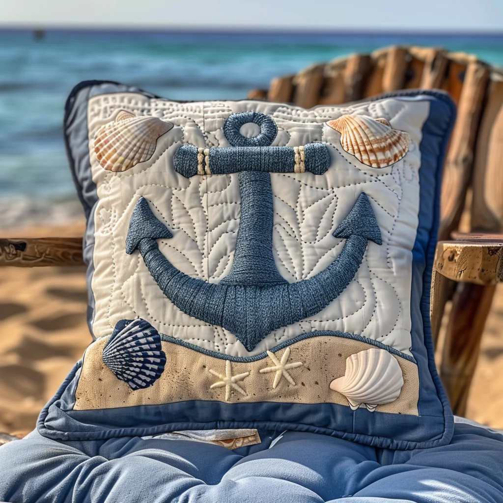Blue Anchor Quilted Pillow Case Bright Decorative Home Style Best Friend Gift