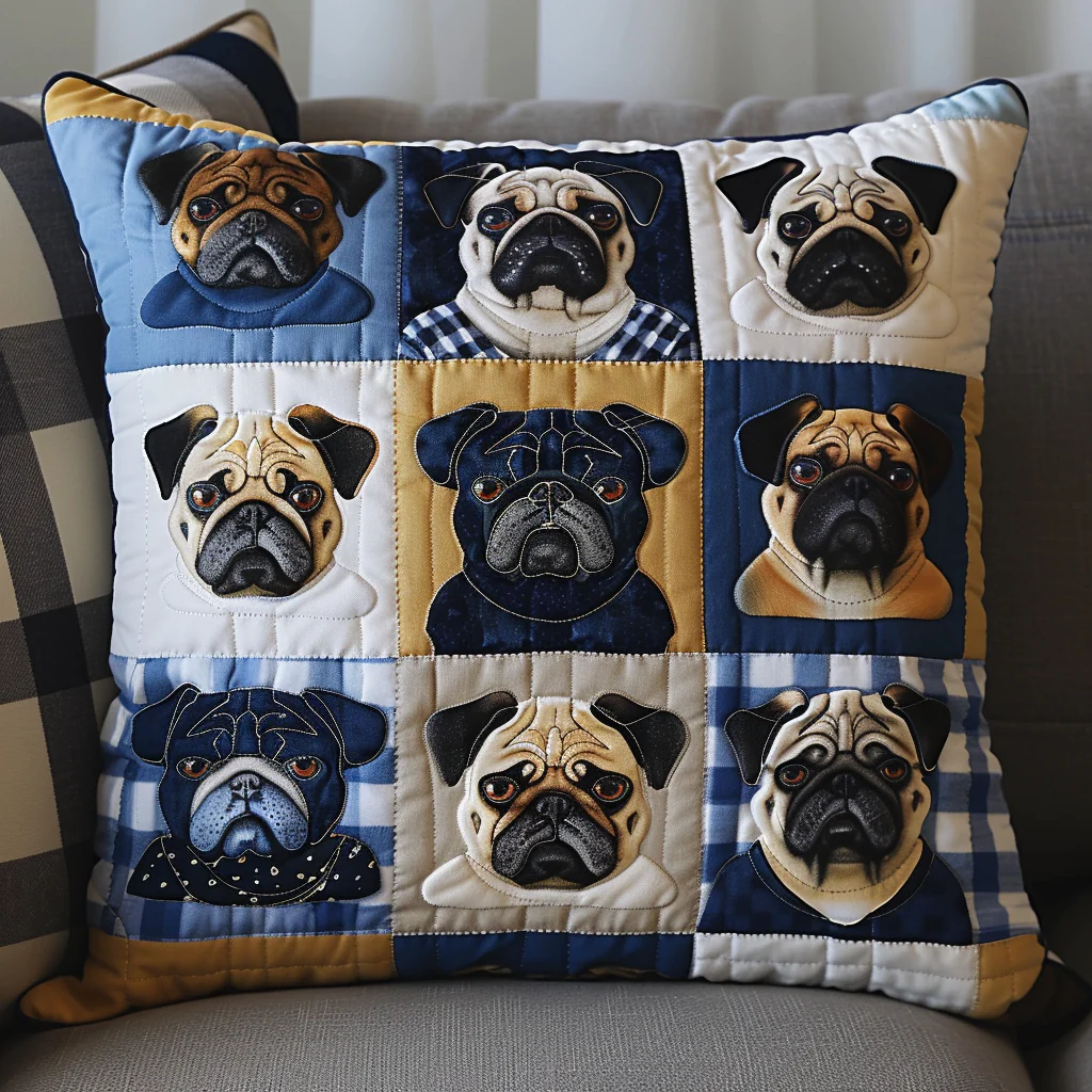 Blue and Gold Pugs Quilted Pillow Case Lovely Decorative Home Cover Gift For Pug Lover
