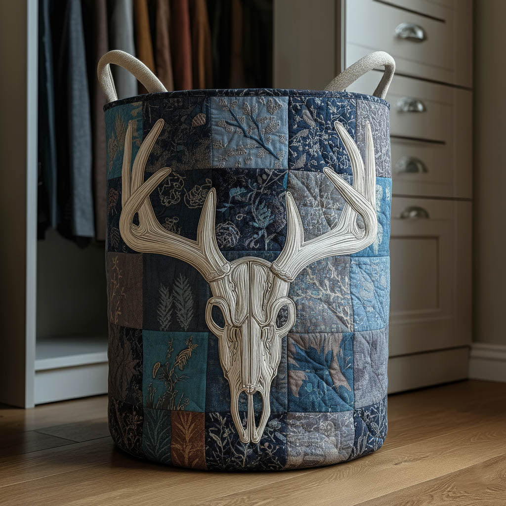 Blue Antlers Quilted Laundry Basket Western Style Patchwork Laundry Hamper Gifts For Husband