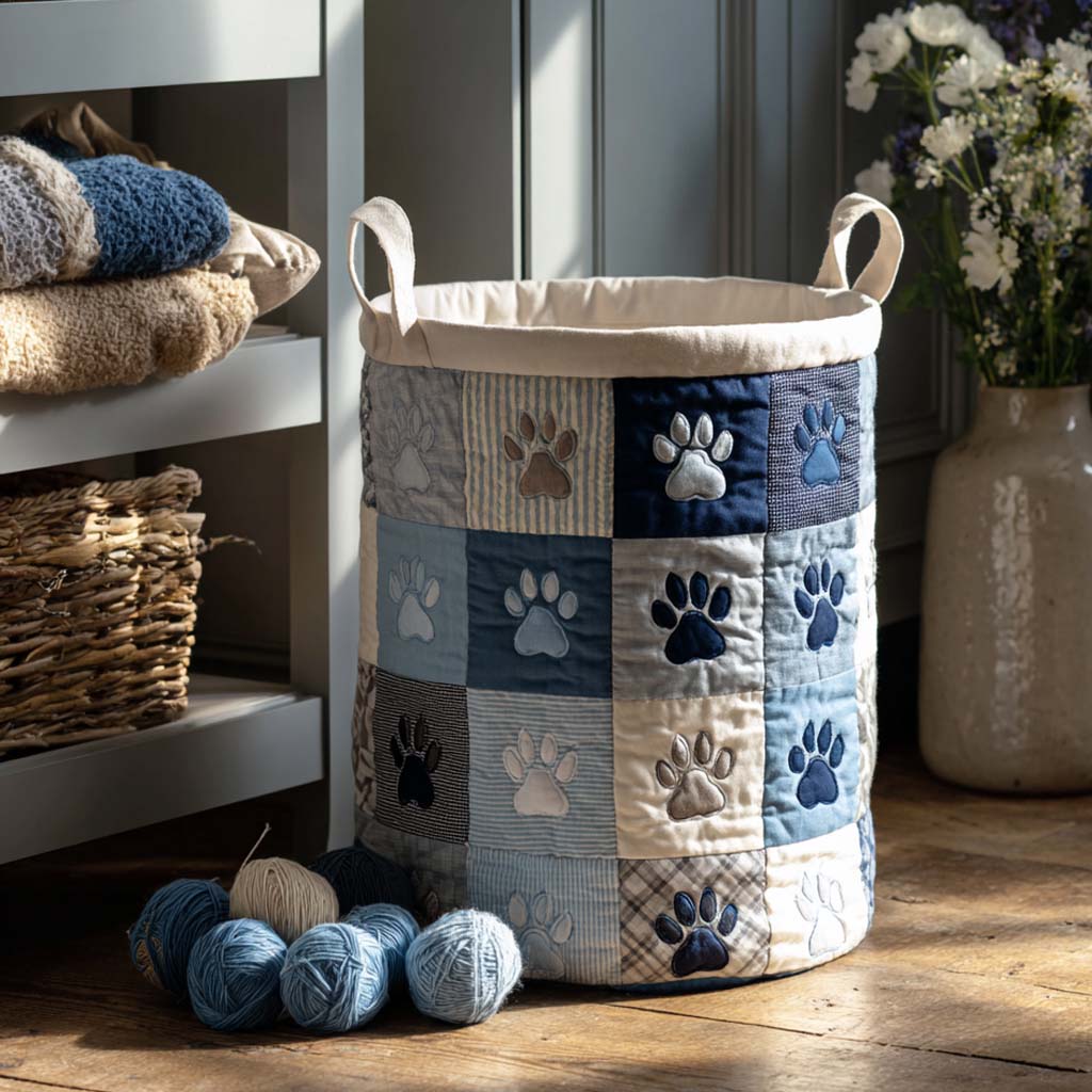 Blue Dog Paw Patch Quilted Laundry Basket Modern Laundry Hamper Gifts For Pet Lovers