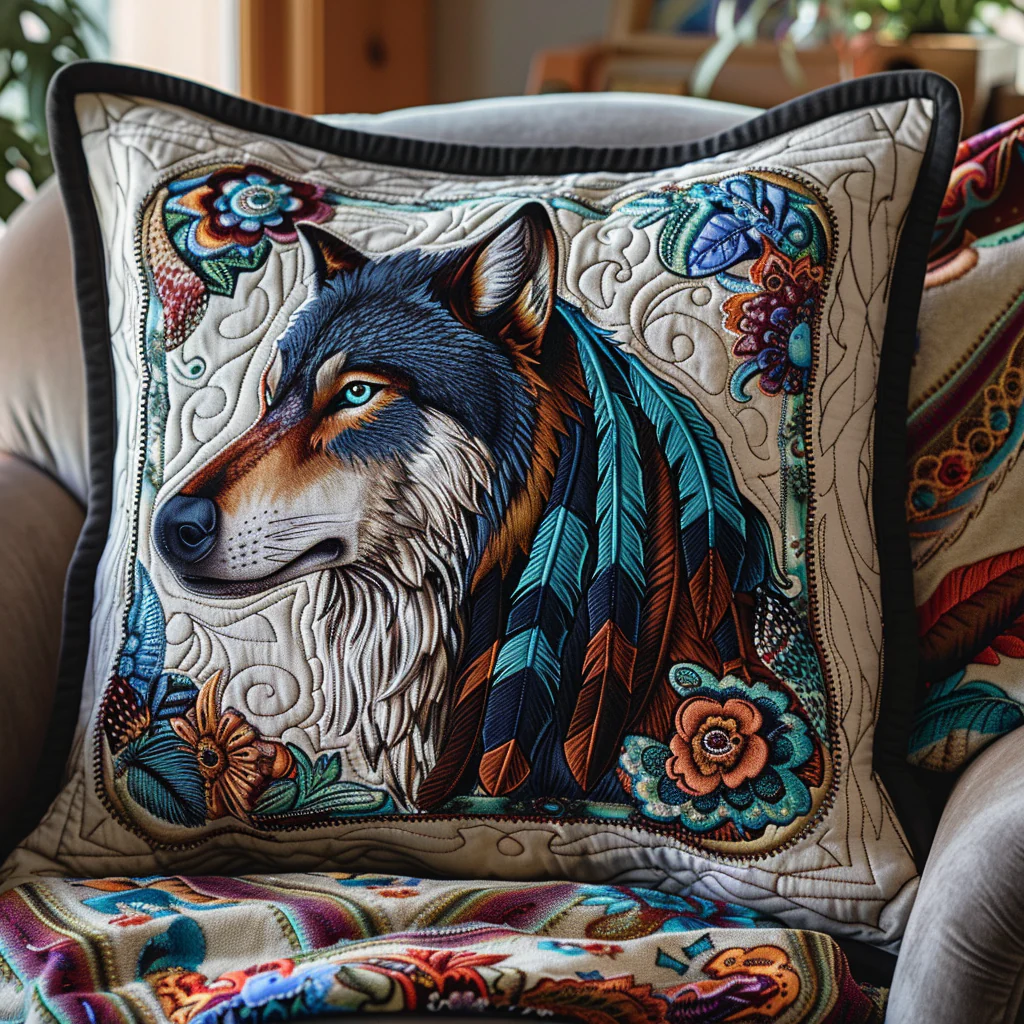 Blue Eyed Wolf Quilted Pillow Case Rustic Cabin Home Decor Gift For Him