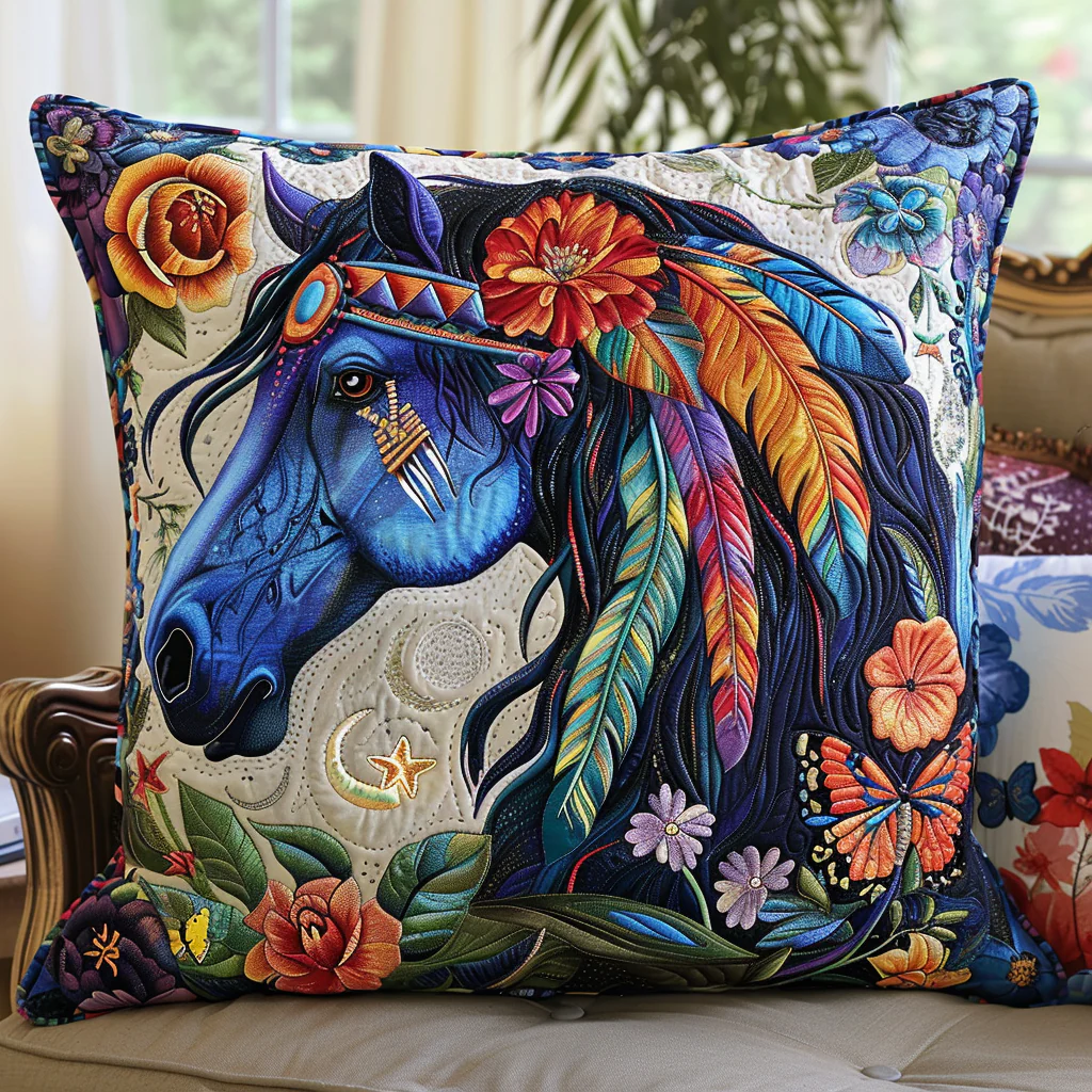 Blue Horse Quilted Pillow Case Boho Floral Horse Decorative Gift For Best Friend