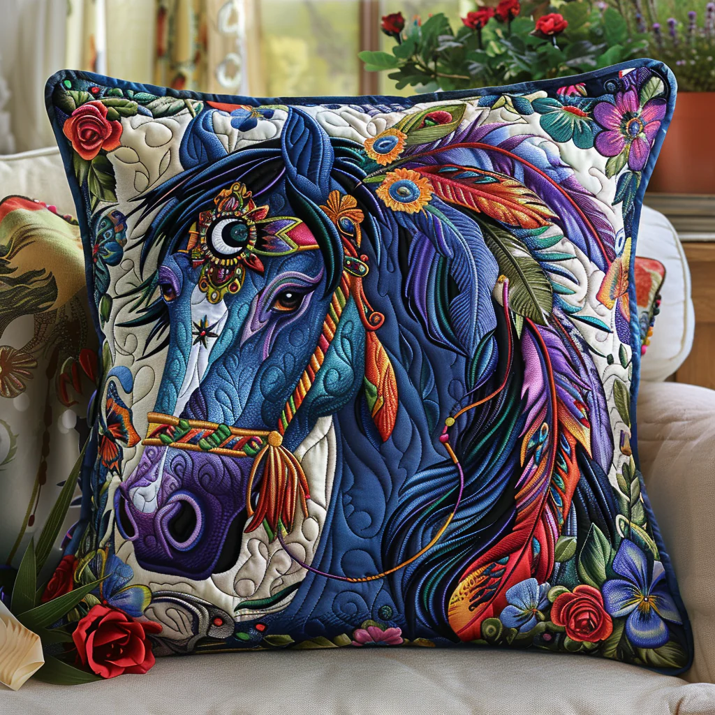 Blue Horse Quilted Pillow Case Native Horse Art Decorative Gift For Grandma