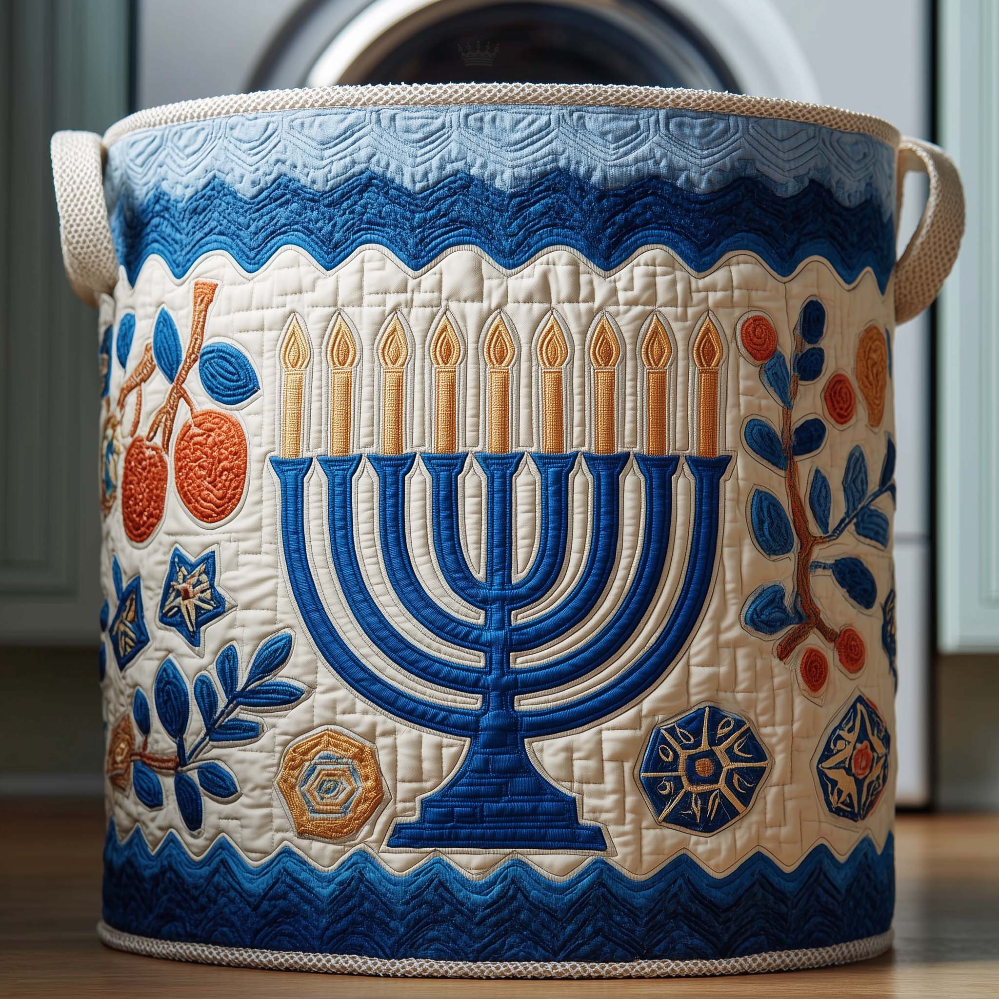 Blue Menorah Quilted Laundry Basket Holiday Themed Clothes Hamper Gifts For Jewish