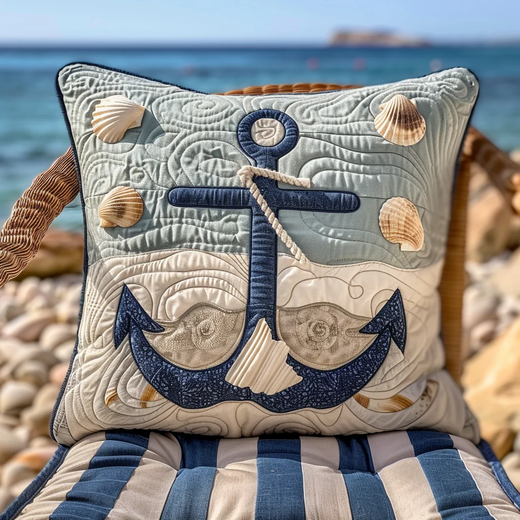 Blue Sea Anchor Quilted Pillow Case Outdoor Pillow Covers Gift For Beach Lover