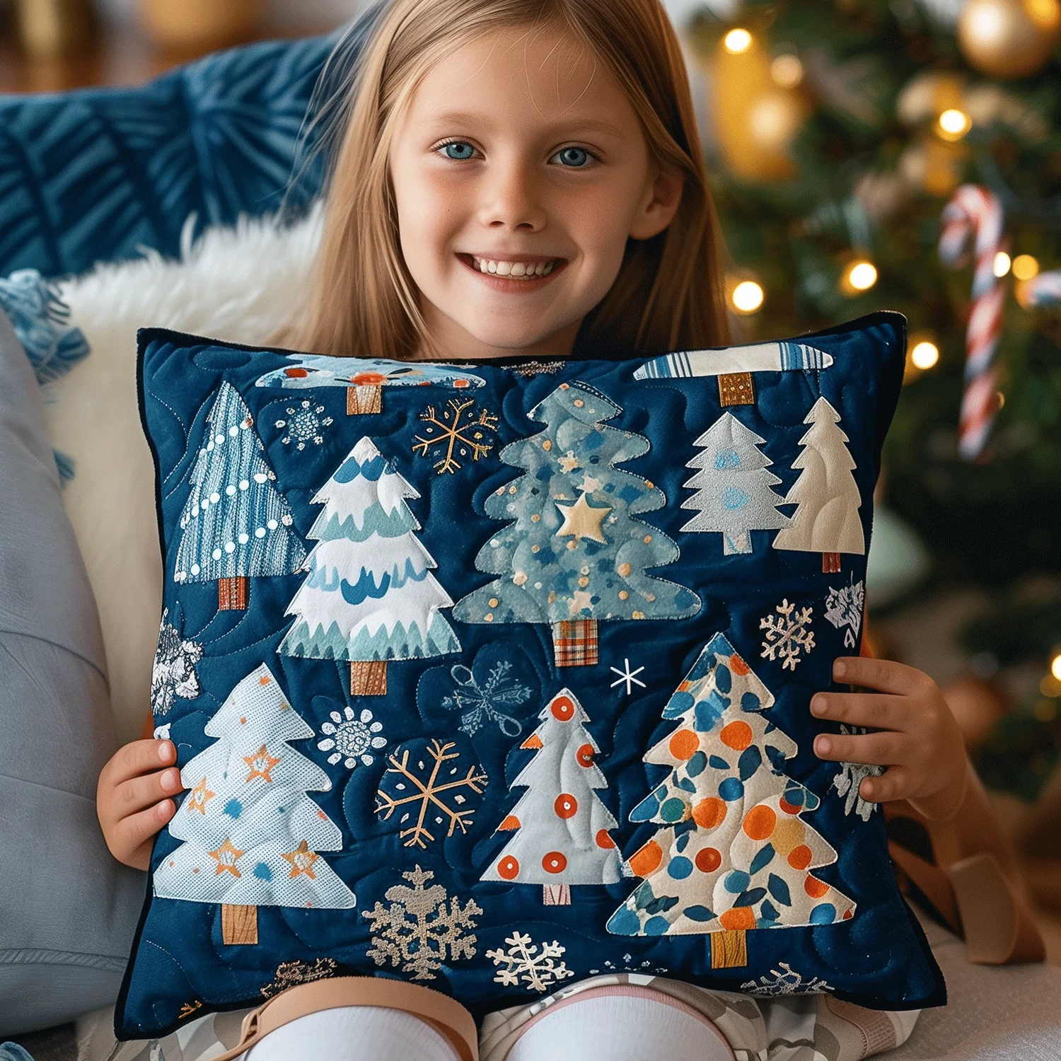 Blue Winter Magic Quilted Pillow Case Christmas Tree Holiday Decor Gift For Him