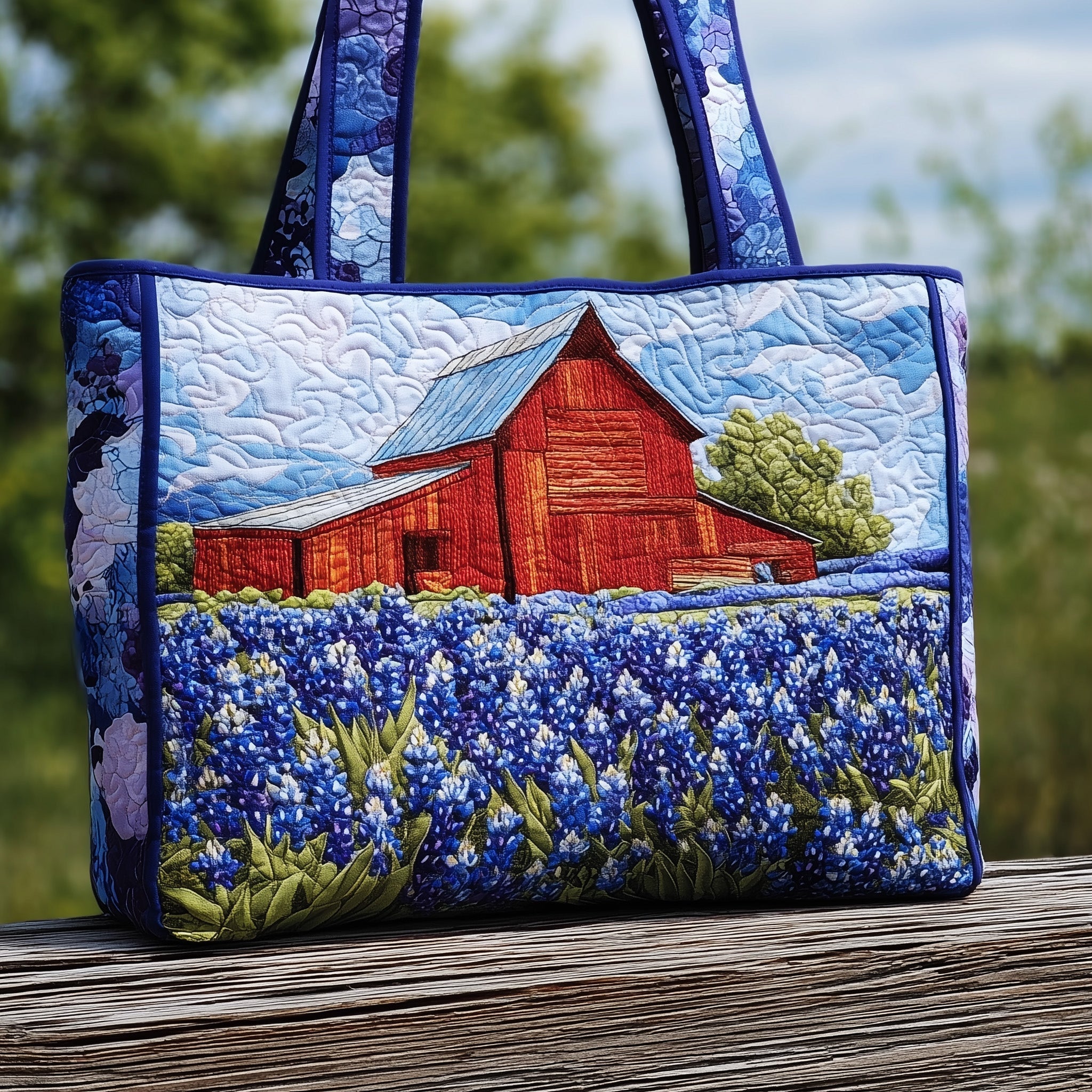 Bluebonnet Quilted Tote Bag Scenic Countryside Shoulder Bag Great Gift For Her