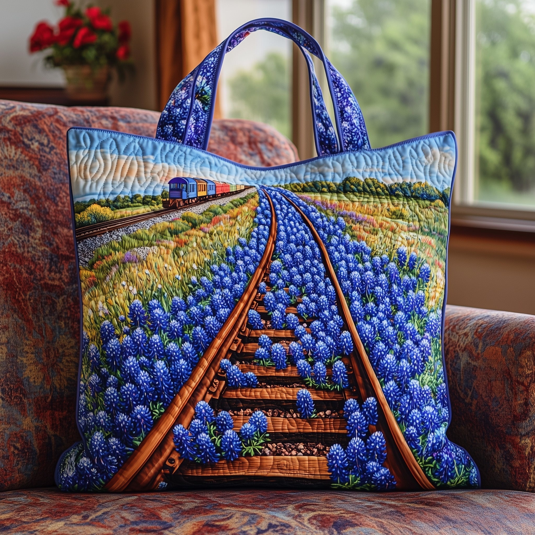 Bluebonnet Quilted Tote Bag Train On Tracks Shoulder Bags For Women Gift Idea