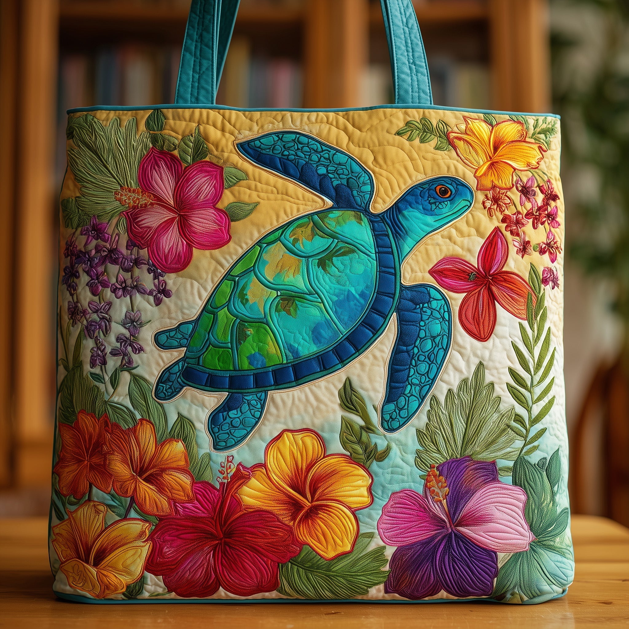 Boho Floral Turtle Quilted Tote Bag Hawaiian Themed Shoulder Bags For Women Gift Idea