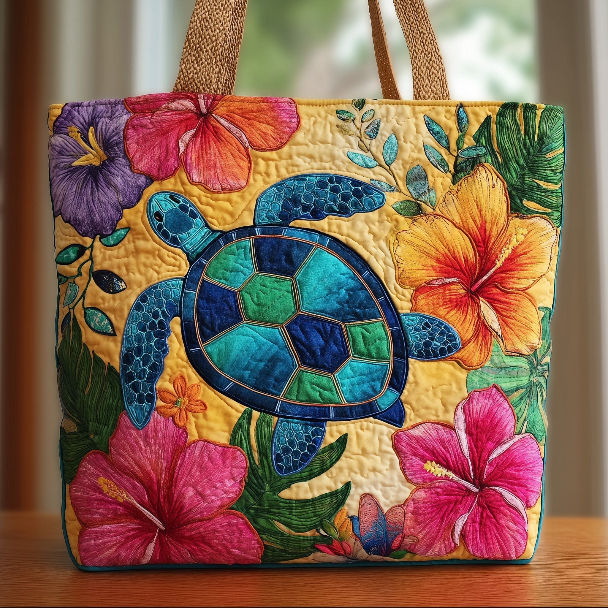 Boho Floral Turtle Quilted Tote Bag Tropical Themed Shoulder Bag Gifts For Her