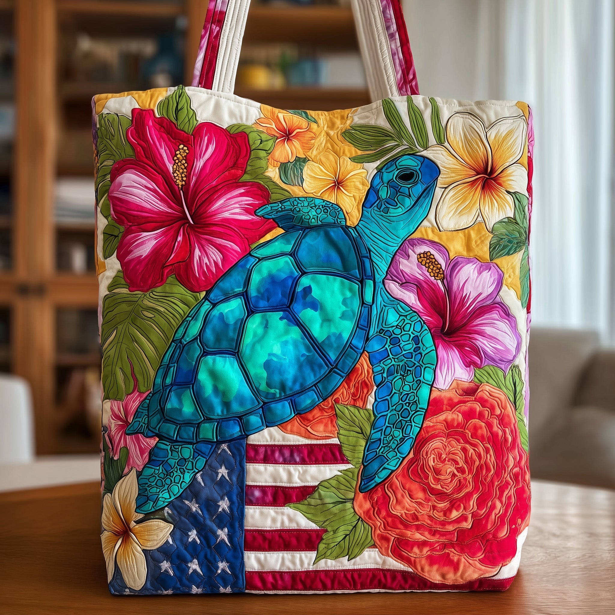 Boho Floral Turtle Quilted Tote Bag USA Flag Shoulder Bags For Women Turtle Themed Gifts