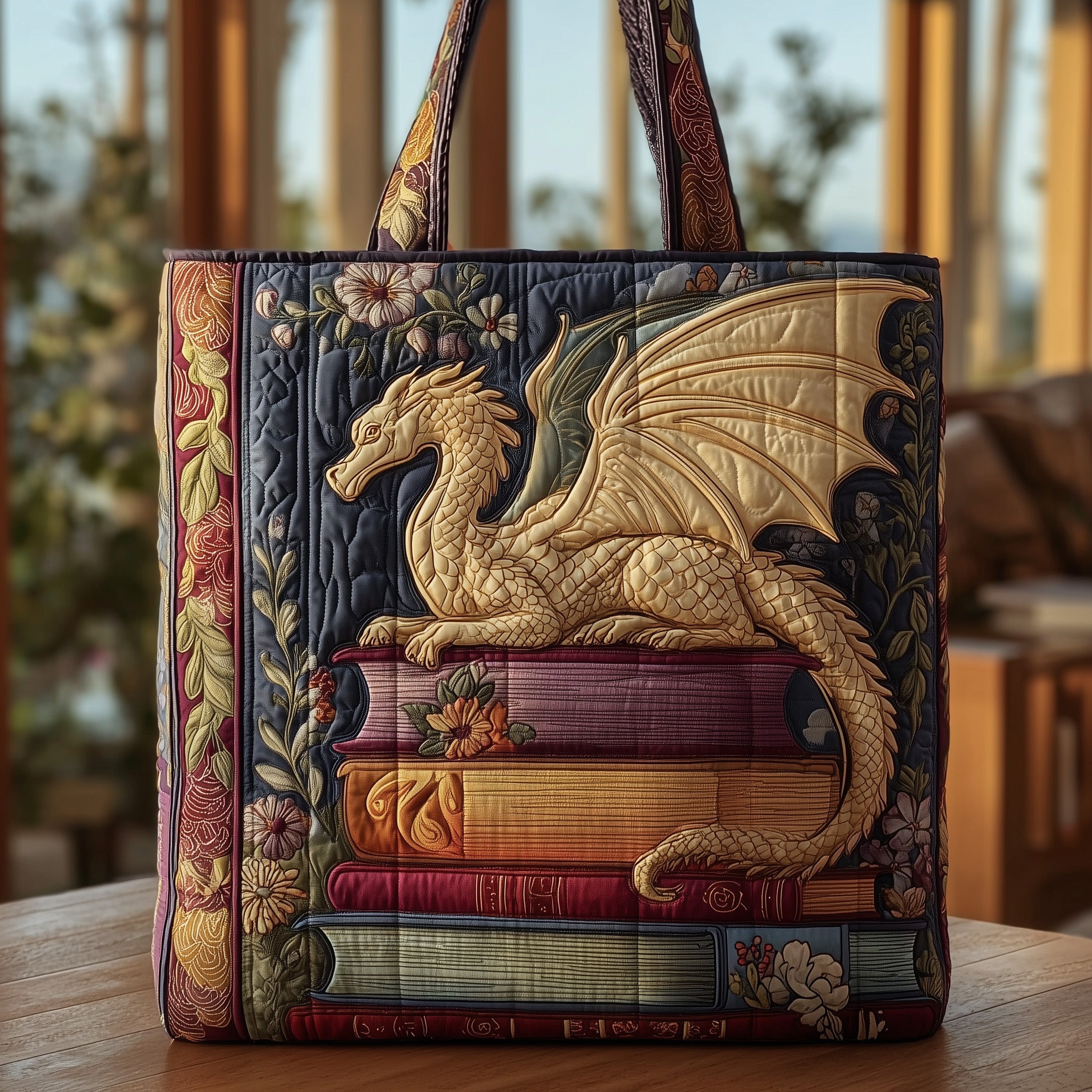 Book Dragon Quilted Tote Bag Mythical Shoulder Bags For Women Unusual Book Gifts Items