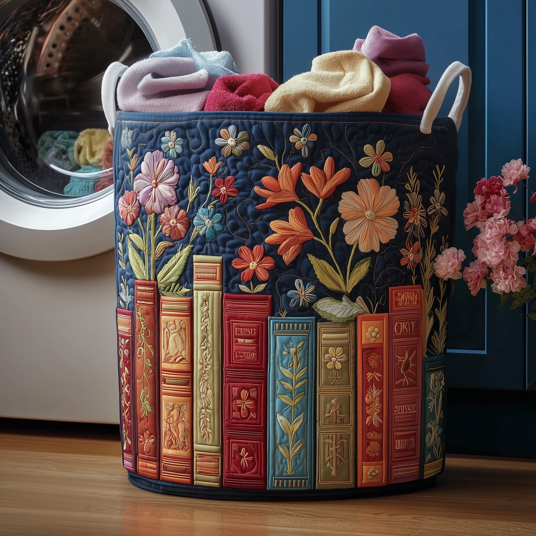 Book Spines Quilted Laundry Basket Floral Hamper Basket Birthday Presents For Book Lovers