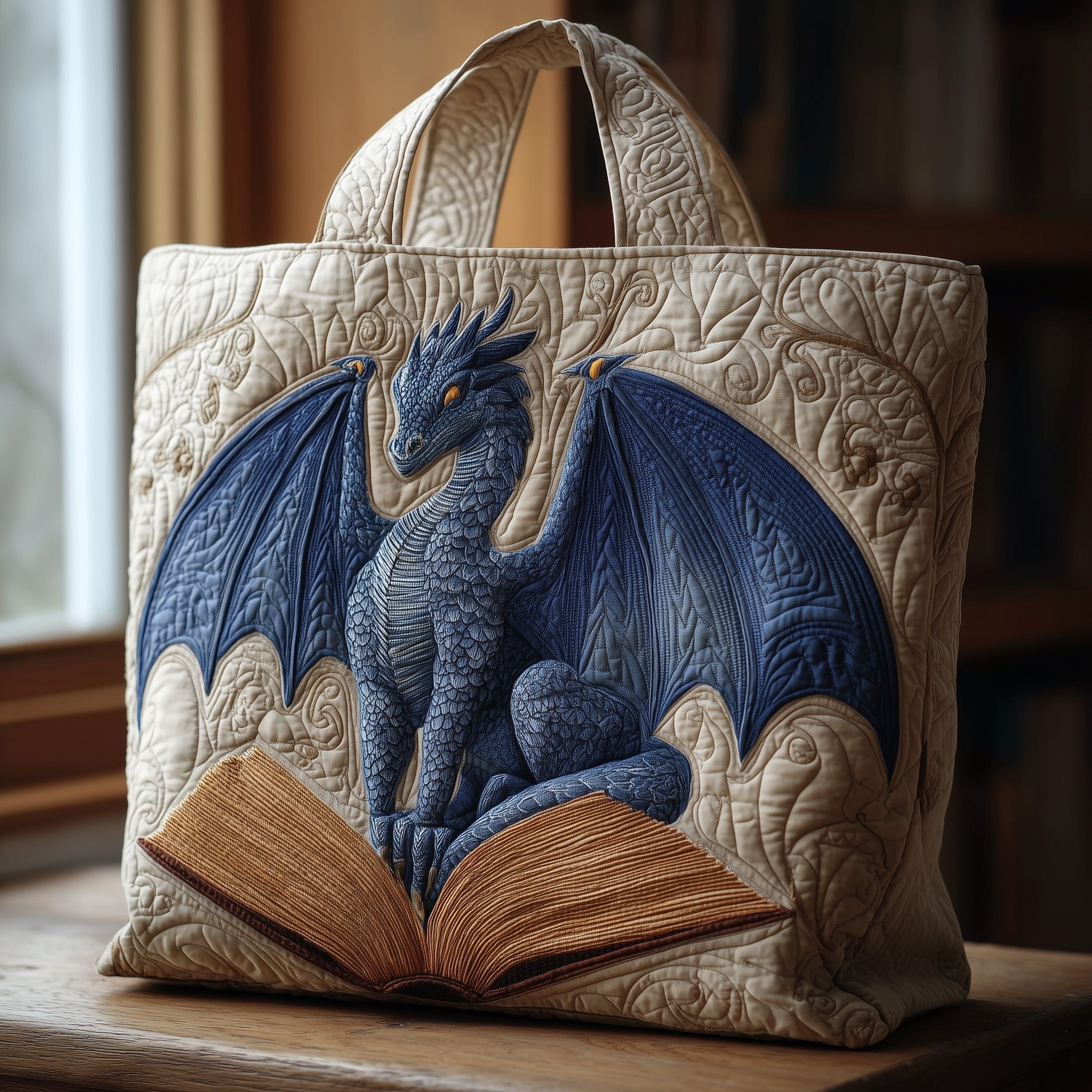 Bookish Dragon Quilted Tote Bag Best Shoulder Handbags Gifts For Dragon Lovers