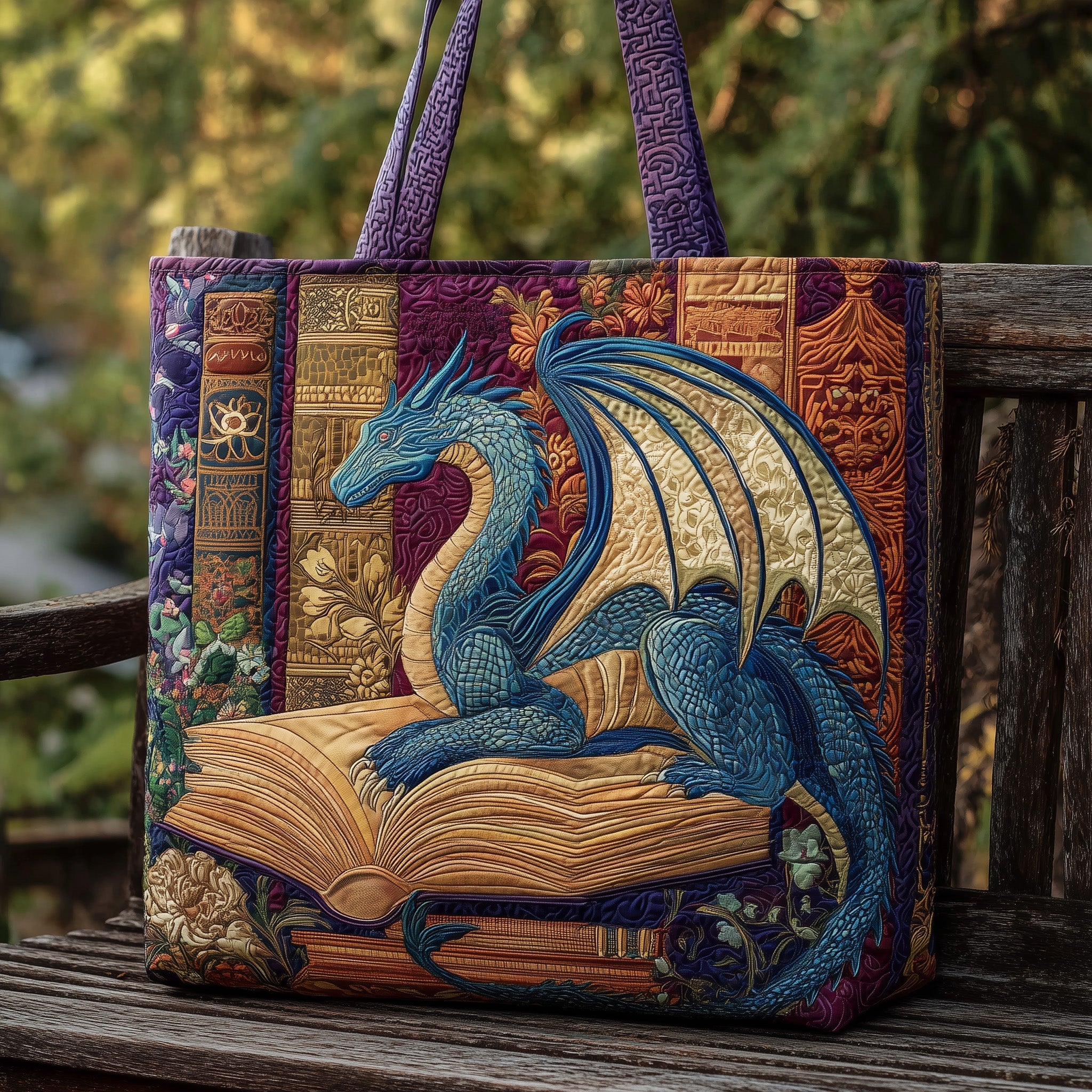 Bookish Dragon Quilted Tote Bag Fantasy Library Shoulder Bags For Women Gifts For Wife