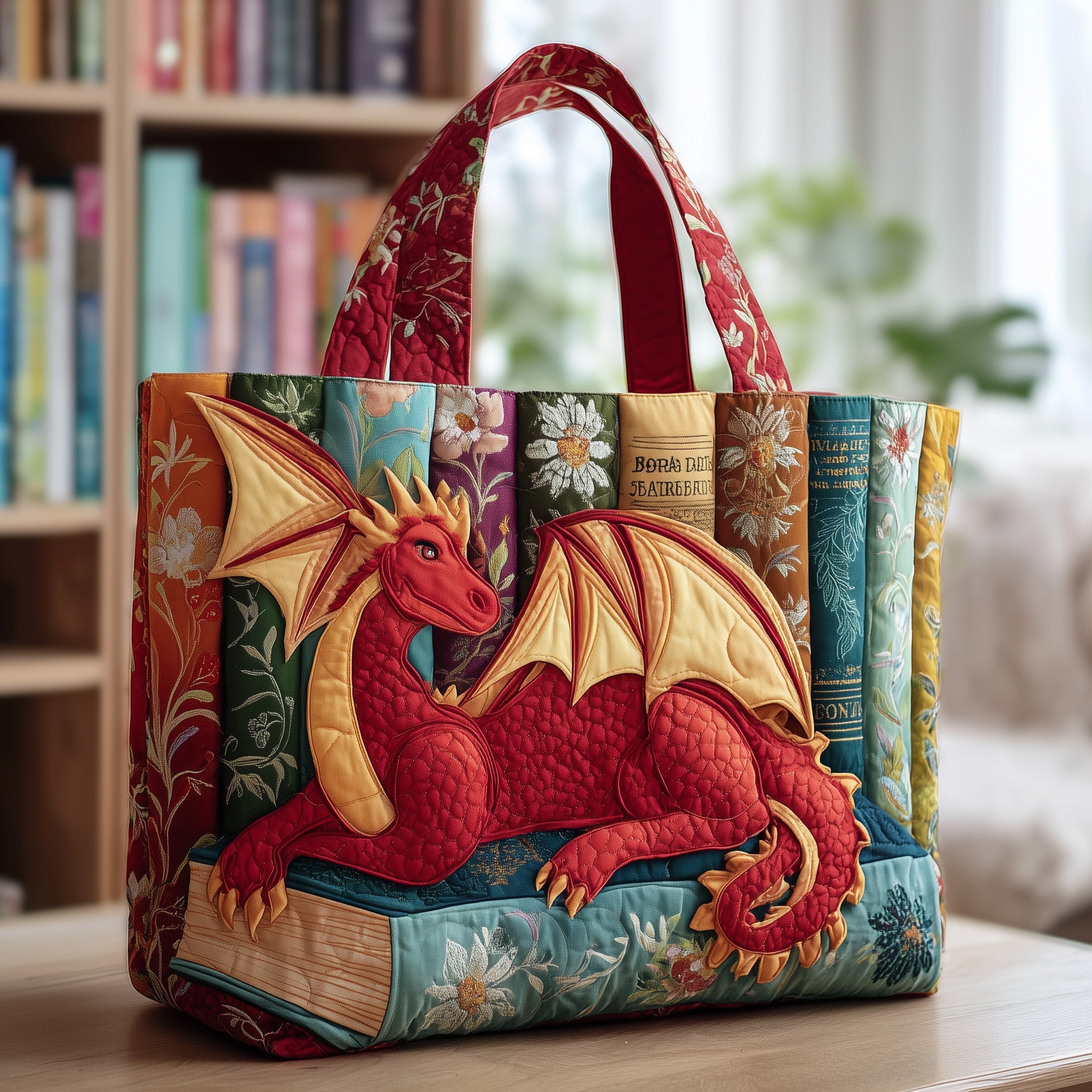 Bookish Dragon Quilted Tote Bag Floral Tote Bags For Women Best Gift For Dragon Lovers